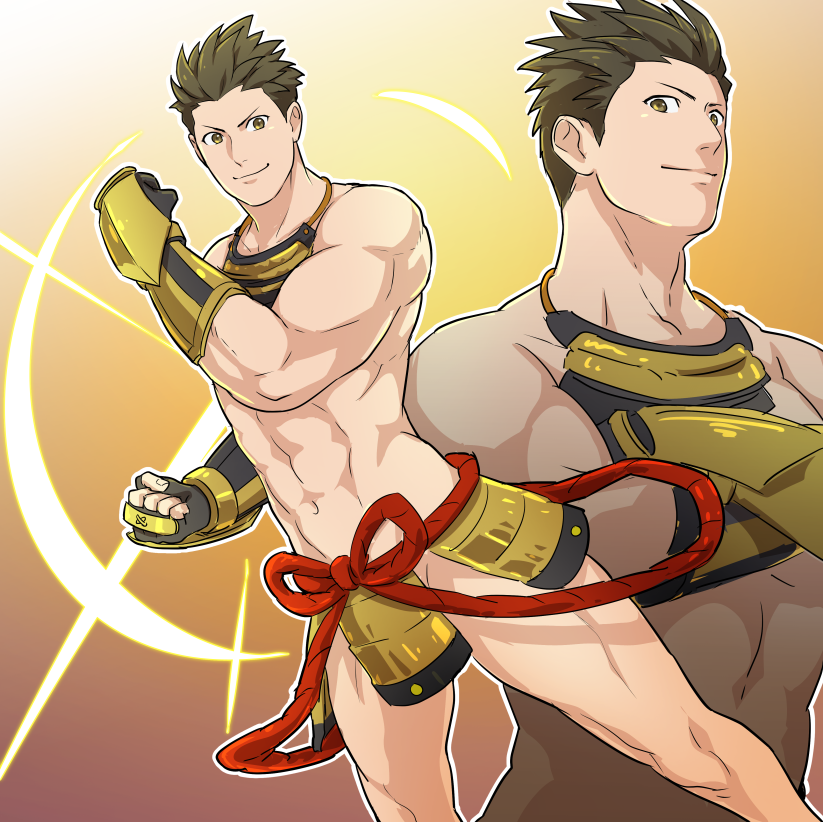 1boy abs armor bara black_gloves black_hair brown_eyes clenched_hands closed_mouth covering_crotch covering_privates crossed_arms fingerless_gloves gloves japanese_armor jigoku_meguri kusazuri large_pectorals looking_at_viewer male_focus muscular muscular_male navel pectorals sengoku_basara short_hair smile thighs tokugawa_ieyasu_(sengoku_basara)