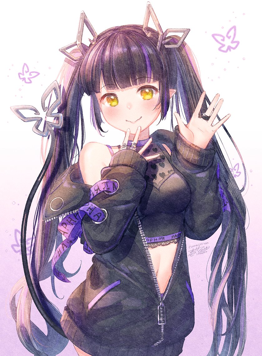 1girl black_hair black_jacket black_shirt blunt_bangs blush breasts closed_mouth commentary commission cowboy_shot crop_top demon_girl demon_horns demon_tail glint gradient_background heart heart_print horns ittokyu jacket jewelry kojo_anna kojo_anna_(1st_costume) long_hair long_sleeves looking_at_viewer medium_bangs medium_breasts midriff multicolored_hair nanashi_inc. navel off_shoulder open_clothes open_jacket pointy_ears print_shirt purple_background purple_hair ring shirt sleeveless sleeveless_shirt smile solo symbol-only_commentary tail twintails two-tone_hair virtual_youtuber waving yellow_eyes zipper