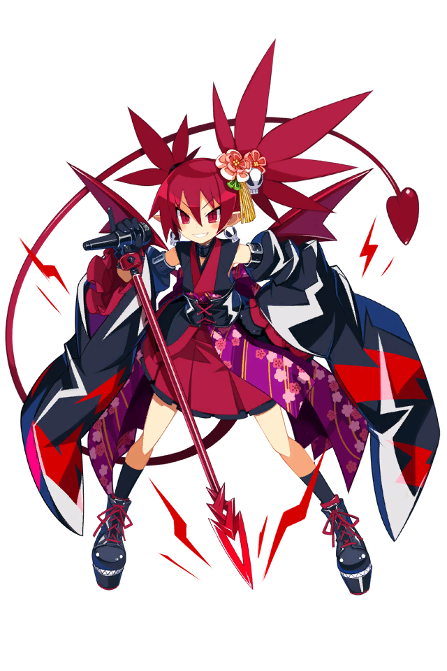 1girl black_socks choker demon_girl demon_tail demon_wings disgaea disgaea_rpg earrings etna_(disgaea) flower full_body gloves hair_between_eyes hair_flower hair_ornament holding holding_microphone japanese_clothes jewelry kimono legs microphone official_art red_hair shoelaces shorts skirt skull_earrings skull_hair_ornament smile socks tail transparent_background twintails wings