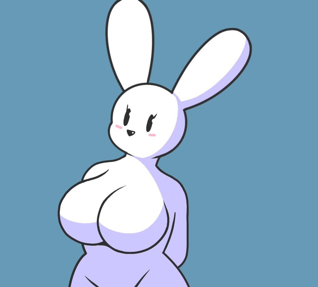 anthro big_breasts black_nose blue_background breasts cari_(probablydemo) digital_media_(artwork) ears_up eyelashes featureless_breasts featureless_crotch female fur half-length_portrait hands_behind_back huge_breasts lagomorph leporid mammal mouthless nude petesauce portrait rabbit simple_background simple_eyes simple_face solo standing thick_thighs three-quarter_view white_body white_ears white_fur