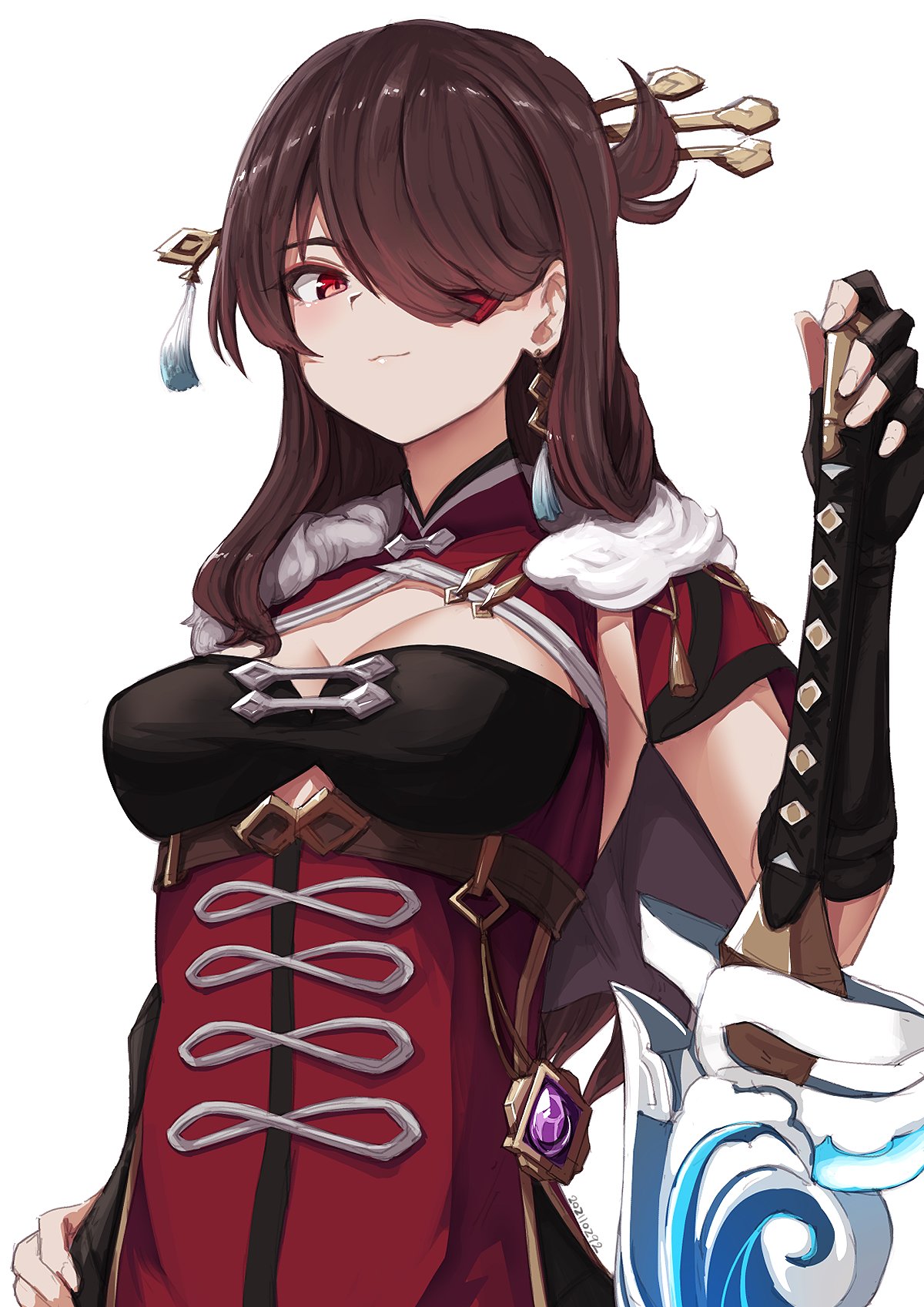 1girl beidou_(genshin_impact) black_gloves blush breasts brown_hair capelet china_dress chinese_clothes cleavage cleavage_cutout clothing_cutout colored_eyepatch dress earrings eyepatch fingerless_gloves fur_collar genshin_impact gloves greatsword hair_ornament hair_over_one_eye hairpin half_updo highres jewelry large_breasts long_hair looking_at_viewer nosuku red_dress red_eyes smile solo sword vision_(genshin_impact) weapon