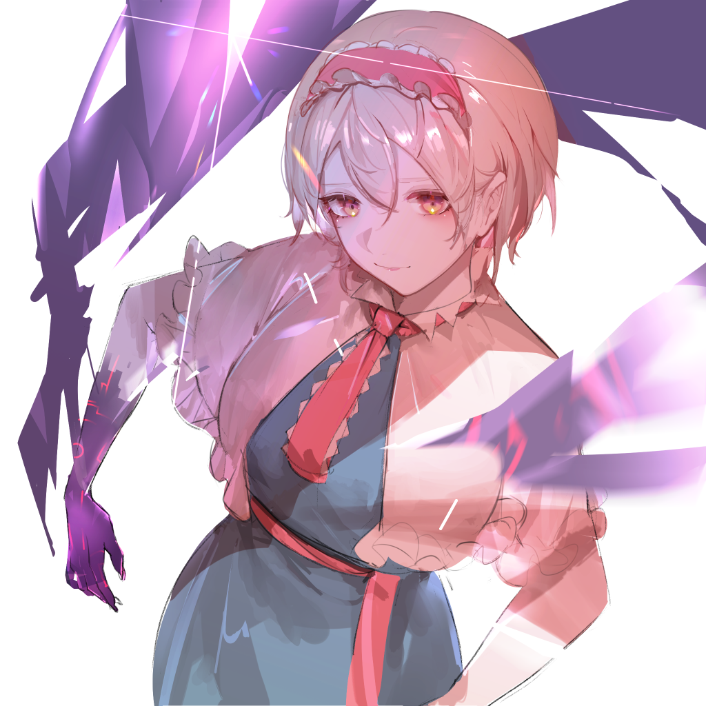 1girl alice_margatroid blonde_hair blue_dress blush bois_de_justice breasts capelet closed_mouth commentary_request cookie_(touhou) cowboy_shot dies_irae dress frilled_hairband frilled_necktie frills gloves hair_between_eyes hairband hinase_(cookie) jiyu_(jiyusi) long_bangs looking_at_viewer medium_breasts necktie pink_hairband pink_necktie pink_sash sash shinza_bansho_series short_hair simple_background smile solo touhou white_background white_capelet yellow_eyes