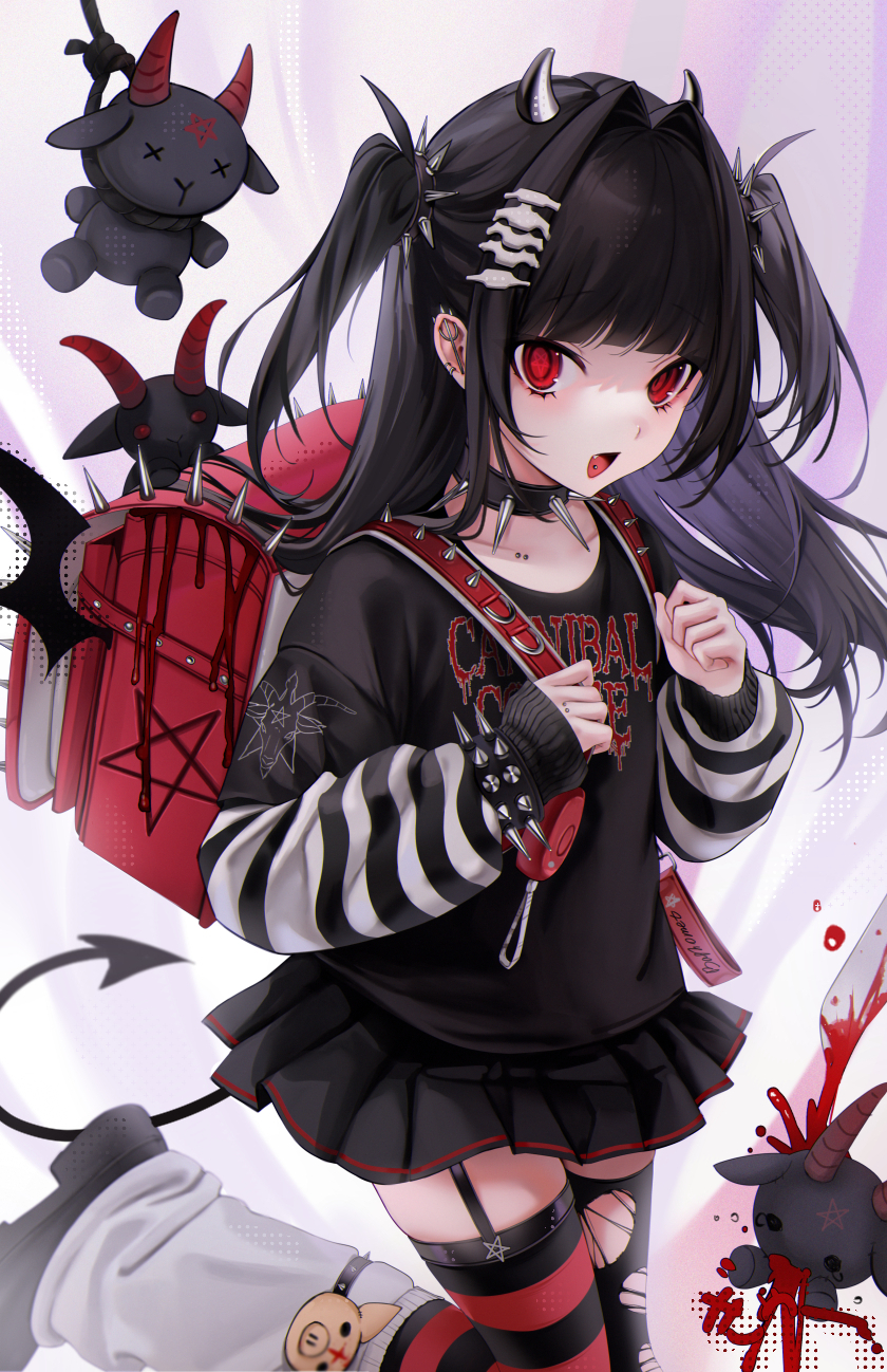 1girl backpack bag black_choker black_dress black_hair black_shirt choker demon_girl demon_tail demon_wings dress ear_piercing garter_straps hair_ornament highres horns industrial_piercing long_hair long_sleeves looking_at_viewer loose_socks ompf open_mouth original piercing randoseru red_bag red_eyes shirt short_twintails simple_background socks solo striped_clothes striped_thighhighs stuffed_toy tail thighhighs torn_clothes torn_thighhighs twintails white_background wings