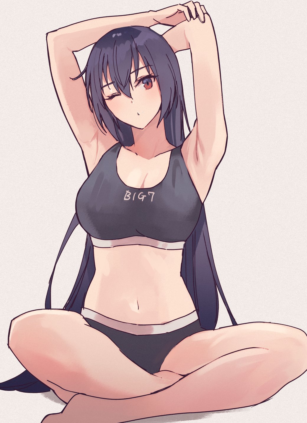 1girl arm_above_head arm_behind_head armpits arms_up barefoot black_hair black_panties black_sports_bra blush breasts cleavage clothes_writing collarbone crossed_legs grey_background hair_between_eyes highres kantai_collection kasumi_(skchkko) large_breasts long_hair looking_at_viewer nagato_(kancolle) navel one_eye_closed panties red_eyes simple_background sitting solo sports_bra sports_panties underwear underwear_only very_long_hair