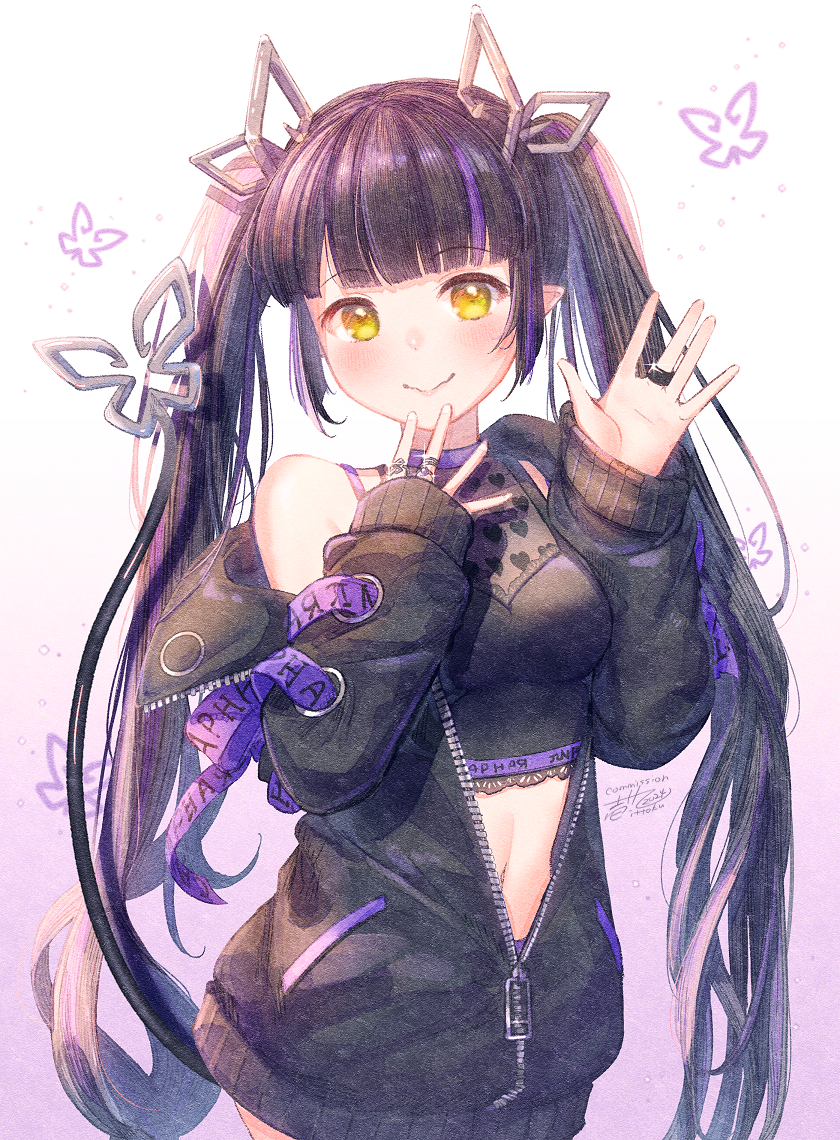 1girl black_hair black_jacket black_shirt blunt_bangs blush breasts closed_mouth commentary_request commission cowboy_shot crop_top demon_girl demon_horns demon_tail glint gradient_background heart heart_print horns ittokyu jacket jewelry kojo_anna kojo_anna_(1st_costume) long_hair long_sleeves looking_at_viewer medium_bangs medium_breasts midriff multicolored_hair nanashi_inc. navel off_shoulder open_clothes open_jacket pointy_ears print_shirt purple_background purple_hair ring shirt sleeveless sleeveless_shirt smile solo tail twintails two-tone_hair virtual_youtuber waving yellow_eyes zipper