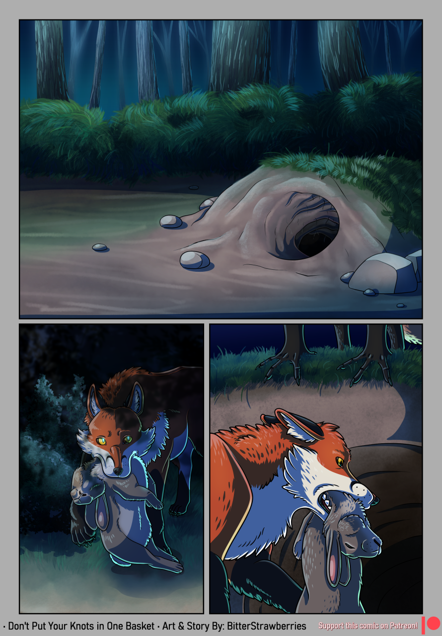 bitterstrawberries canid canine comic corpse death digital_media_(artwork) duo feral food forest forest_background fox glowing glowing_eyes hi_res hole_(pit) jacket_bitterstrawberries lagomorph leporid male mammal nature nature_background night outside plant rabbit solo tree