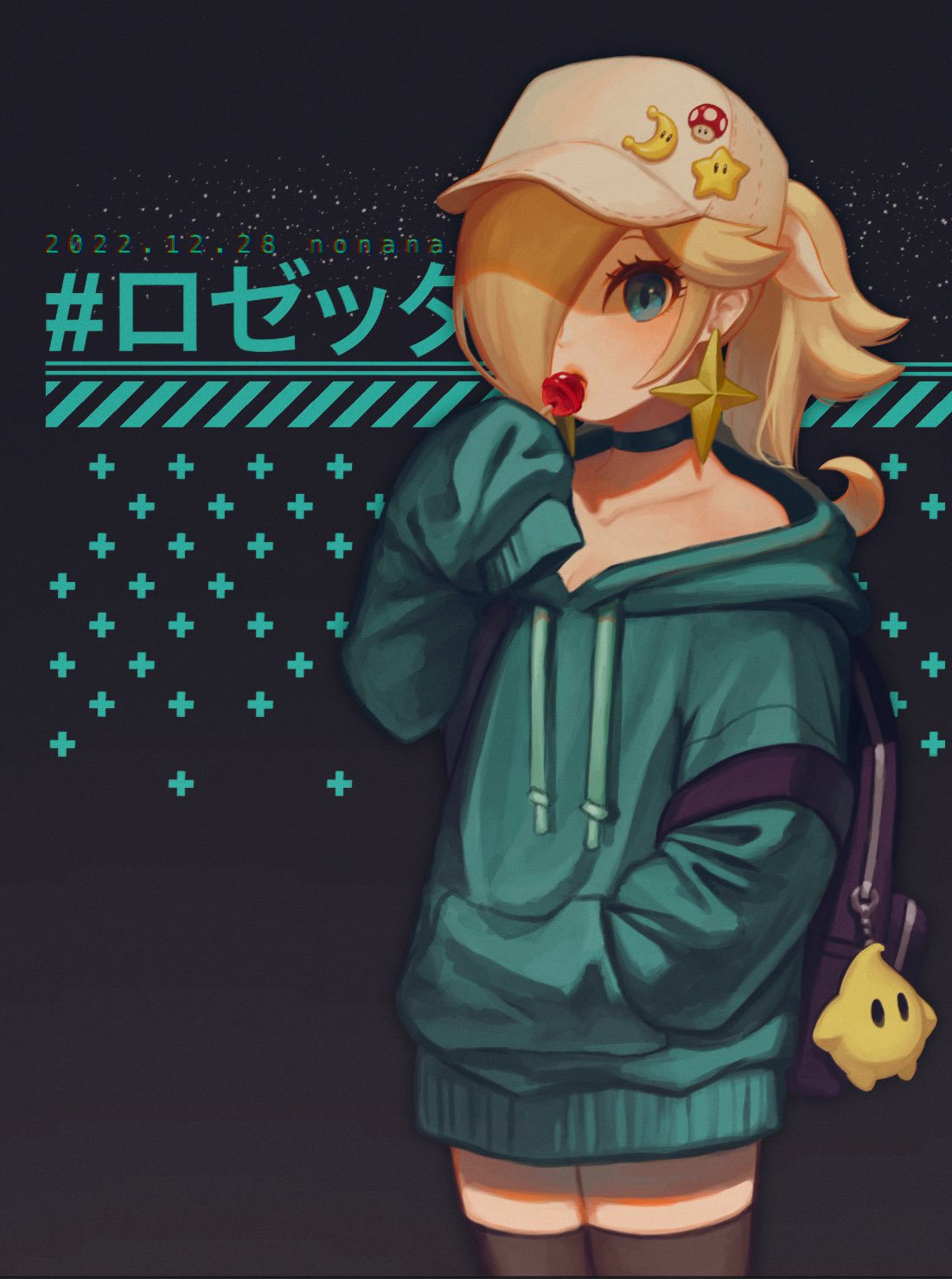 1girl :o aqua_eyes aqua_hoodie artist_name backpack bag bag_charm bare_shoulders baseball_cap black_background black_bag black_choker black_thighhighs blonde_hair blush candy character_charm character_name charm_(object) choker collarbone commentary_request cowboy_shot crescent dated drawstring earrings eyelashes food gradient_background hair_over_one_eye hand_in_pocket hand_up hashtag hat hat_ornament high_ponytail highres holding holding_candy holding_food holding_lollipop hood hood_down hoodie jewelry lips lollipop long_hair long_sleeves looking_at_viewer luma_(mario) mario_(series) nonana_(galaxycat89p13) off_shoulder one_eye_covered open_mouth parted_bangs ponytail power_moon rosalina sidelocks simple_background sleeves_past_fingers sleeves_past_wrists solo standing star_(symbol) star_earrings super_mushroom super_star_(mario) swept_bangs thighhighs white_headwear