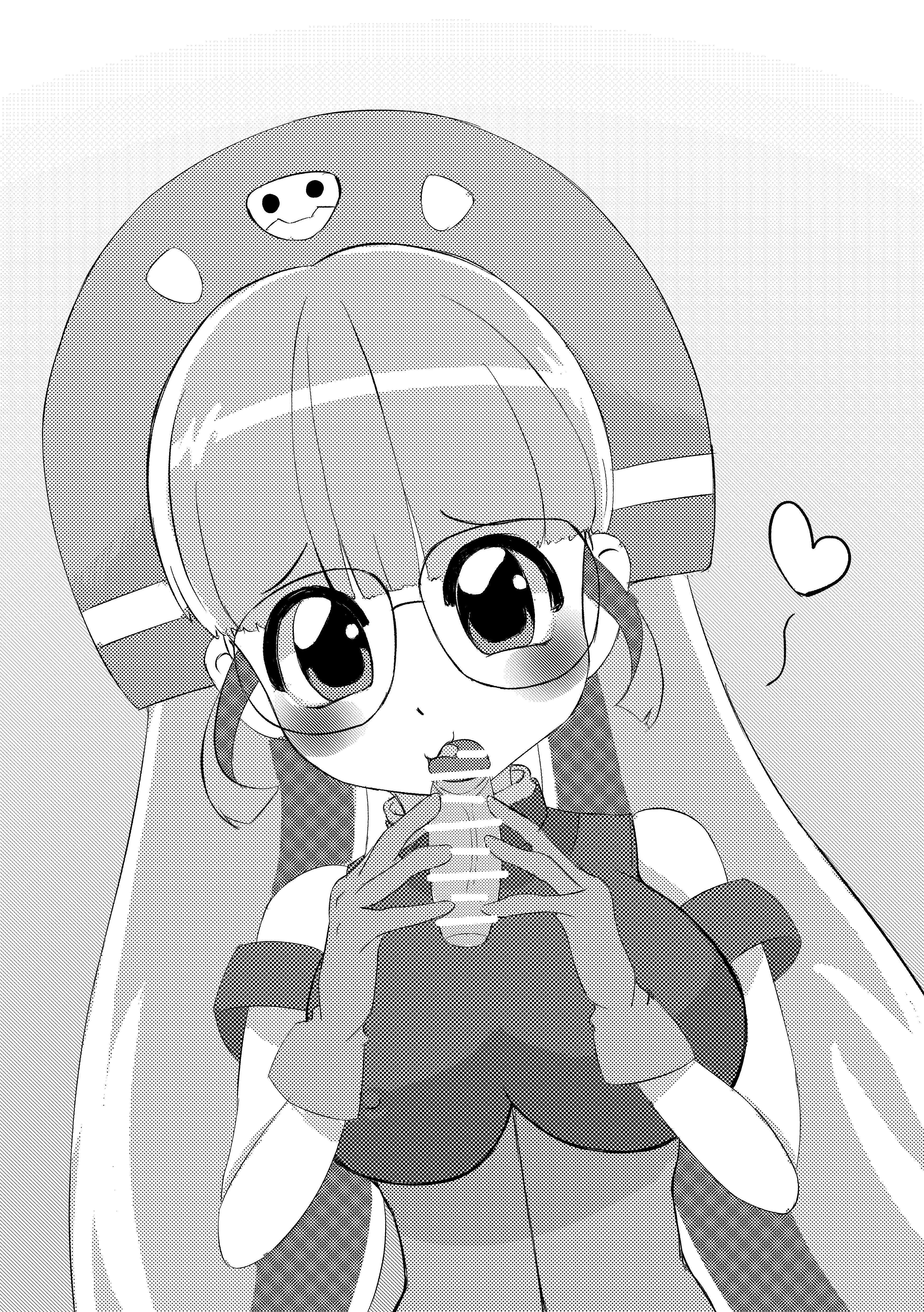 absurdres censored fellatio glasses gloves gluko greyscale highres long_hair monochrome non-web_source oral penis purple_eyes purple_hair rokumon_tengai_mon_colle_knight small_penis solo_focus tagme twintails