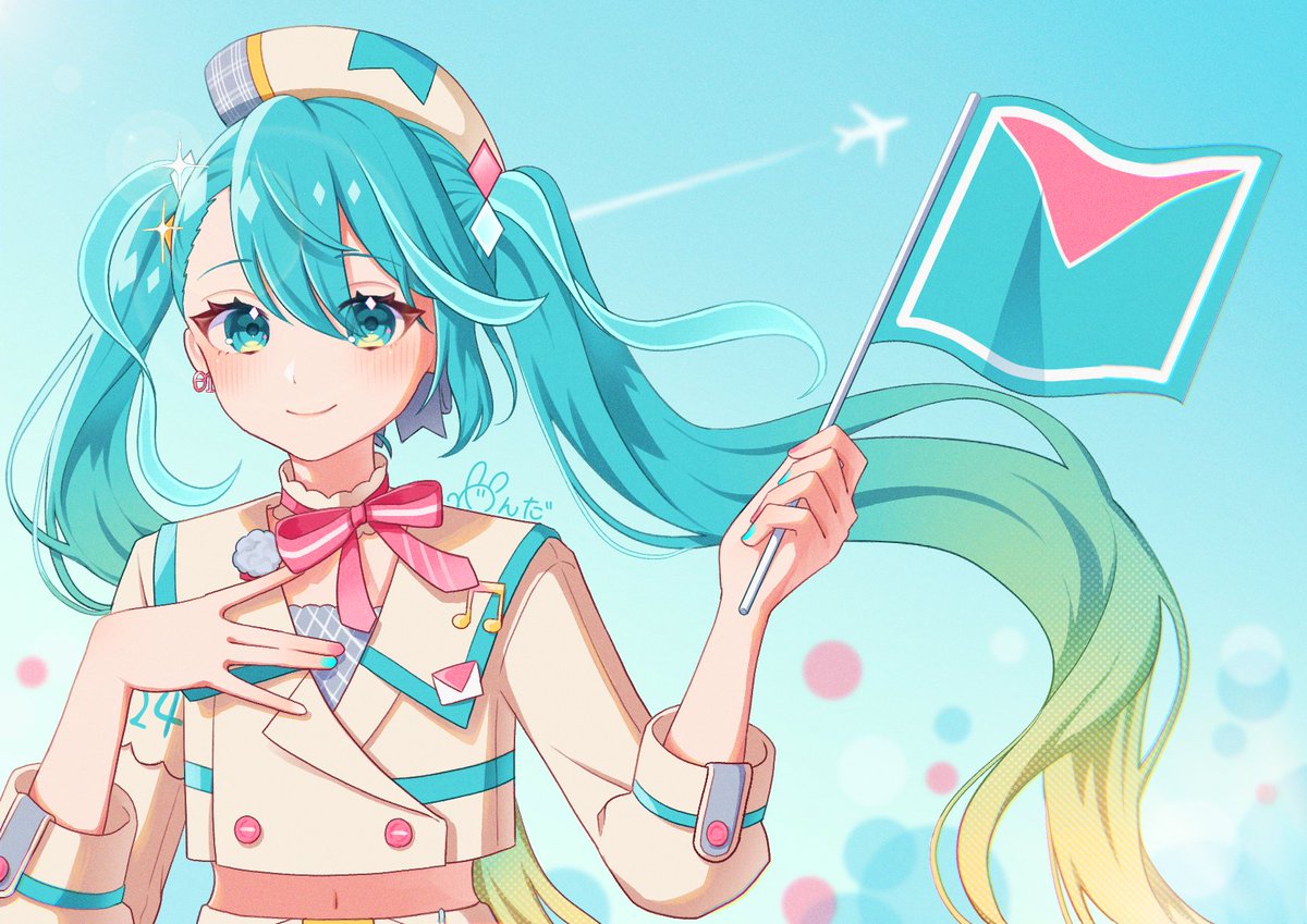 1girl aircraft airplane aqua_eyes aqua_hair aqua_nails beret blonde_hair blue_background blush closed_mouth commentary crop_top cropped_jacket dot_nose ear_piercing english_commentary envelope flag gradient_background gradient_hair green_hair hair_ornament hand_on_own_chest hat hatsune_miku holding holding_flag long_hair long_sleeves looking_at_viewer magical_mirai_(vocaloid) magical_mirai_miku magical_mirai_miku_(2024) miku_day multicolored_clothes multicolored_hair multicolored_headwear multicolored_nails musical_note navel piercing pin pink_nails pink_ribbon puffy_sleeves ribbon signature smile solo swept_bangs twintails very_long_hair vocaloid wanda_(natade_nico2525)