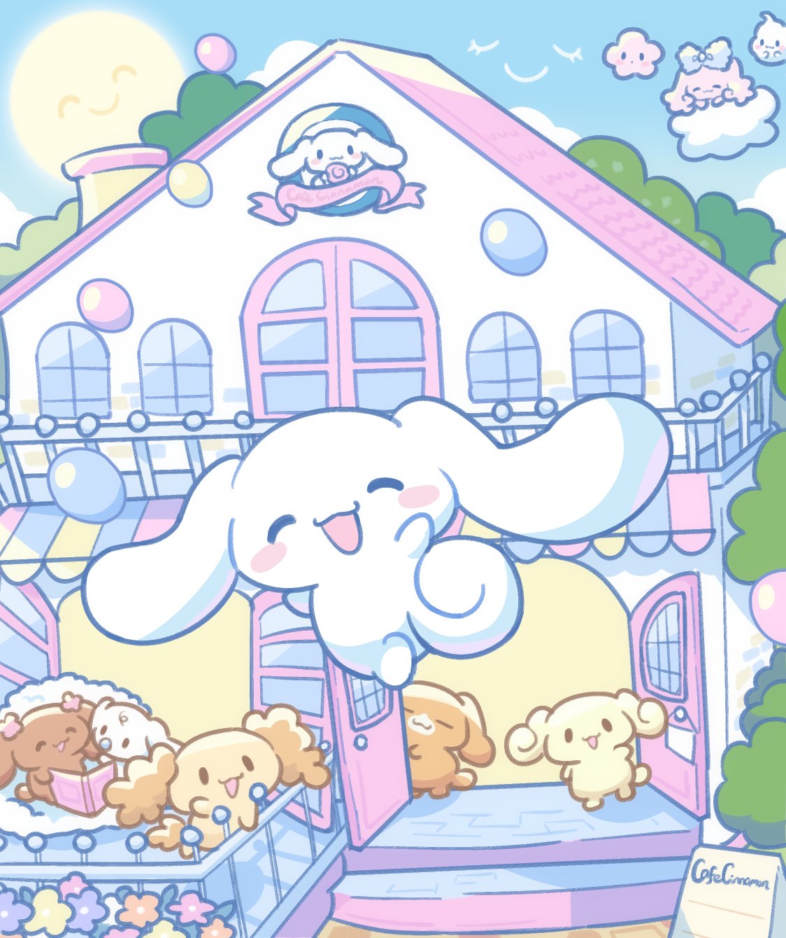 1boy :3 balloon blush blush_stickers cafe cinnamoroll closed_eyes closed_mouth cloud curled_tail dog flower highres jumping long_hair loveycloud multiple_others open_mouth sanrio sign sun tail tree waving white_dog