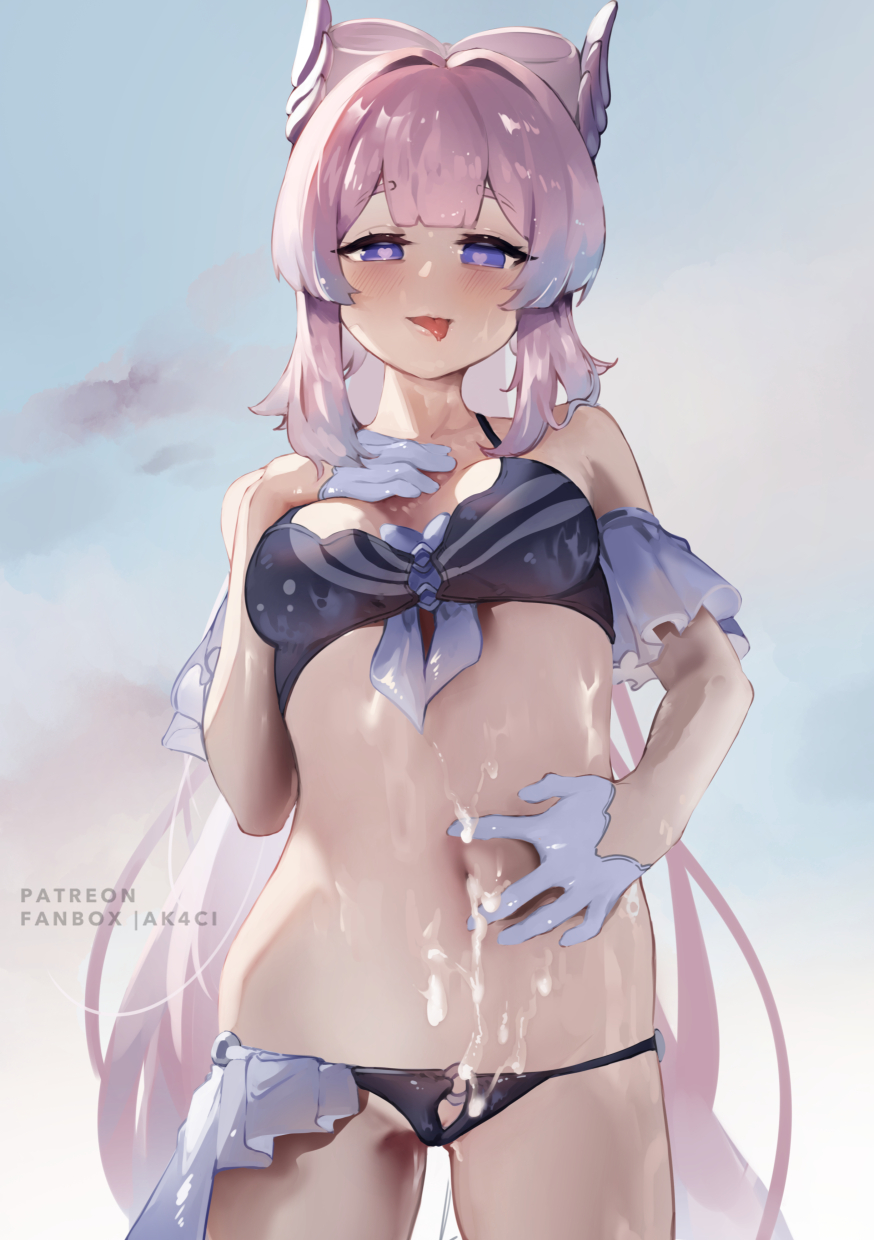 1girl bare_shoulders blue_horns blunt_bangs blush bow-shaped_hair breasts colored_tips cum cum_in_navel cum_on_body cum_on_stomach frills genshin_impact gloves hair_ornament half_gloves hand_on_own_chest heart heart-shaped_pupils highres horns kani_fish long_hair looking_at_viewer medium_breasts multicolored_hair navel pink_hair purple_eyes sangonomiya_kokomi solo spread_navel standing swimsuit symbol-shaped_pupils thigh_gap tongue tongue_out very_long_hair wet white_gloves
