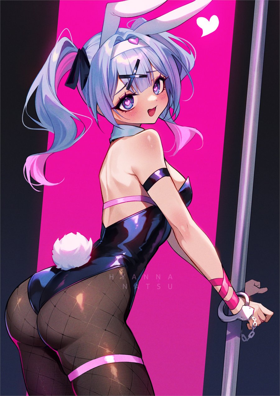 1girl :d animal_ears ass backless_leotard bare_shoulders black_pantyhose black_ribbon blue_eyes blue_hair blush breasts cowboy_shot detached_collar fake_animal_ears fake_tail fishnet_pantyhose fishnets from_behind hair_ornament hair_ribbon hatsune_miku heart heart-shaped_pupils highres hyanna-natsu legs_apart leotard long_hair looking_at_viewer looking_back medium_breasts miku_day open_mouth pantyhose pink_hair playboy_bunny rabbit_ears rabbit_hole_(vocaloid) rabbit_tail ribbon skindentation smile solo symbol-shaped_pupils tail thigh_strap twintails vocaloid x_hair_ornament