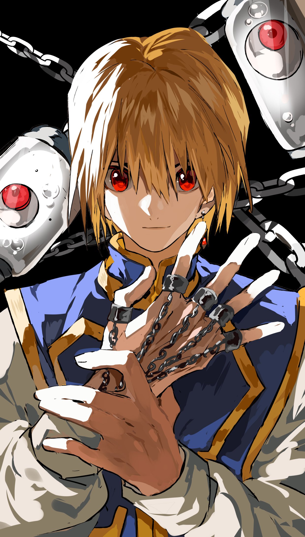 1boy black_background blonde_hair closed_mouth disembodied_eye earrings hands_up highres hunter_x_hunter jewelry kurapika long_sleeves looking_at_viewer male_focus red_eyes shirt simple_background single_earring solo white_shirt xi_luo_an_ya