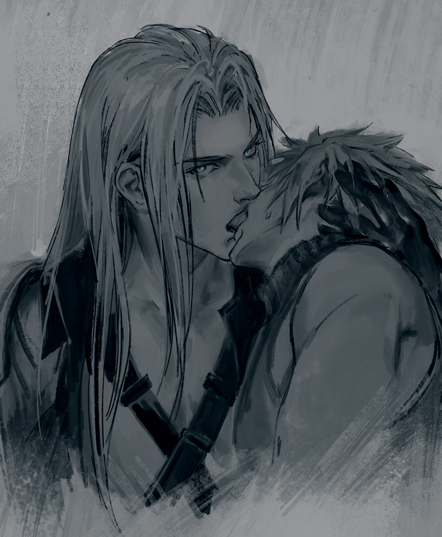 2boys chest_strap chinese_commentary cloud_strife coat commentary_request cropped_torso final_fantasy final_fantasy_vii french_kiss gloves greyscale hand_in_another's_hair high_collar kiss long_bangs long_hair looking_at_viewer luluzhang998873 male_focus monochrome multiple_boys parted_bangs sephiroth short_hair sleeveless sleeveless_sweater sleeveless_turtleneck slit_pupils spiked_hair sweatdrop sweater turtleneck turtleneck_sweater upper_body yaoi