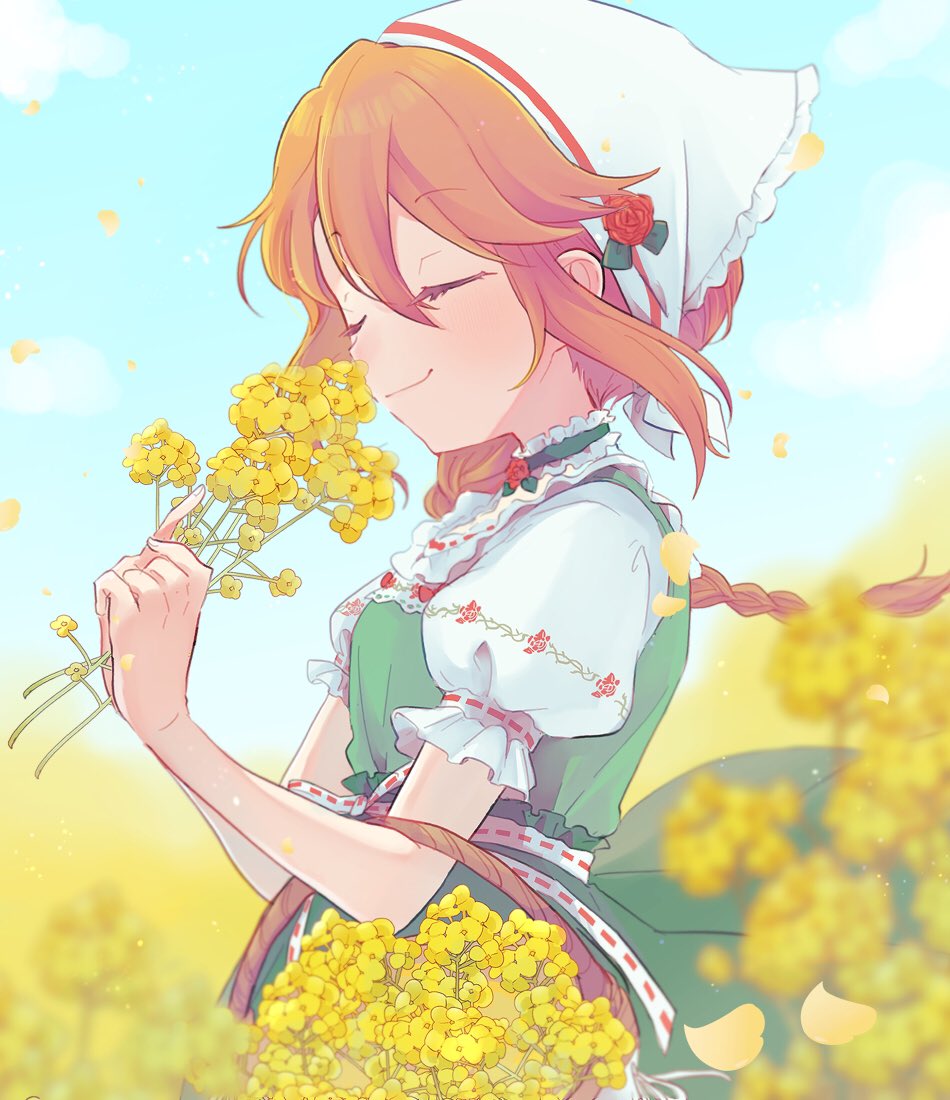 1girl basket blue_sky blurry bonnet braid braided_ponytail chobota choker closed_eyes depth_of_field dress field floral_print flower flower_basket flower_field forsythia frilled_choker frills green_dress holding holding_flower idolmaster idolmaster_cinderella_girls orange_hair outdoors petals puffy_short_sleeves puffy_sleeves short_sleeves sky smelling solo upper_body yuuki_haru