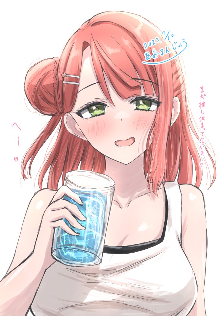 1girl bare_shoulders blunt_bangs blush braid breasts cleavage commentary_request cup dated drink drinking_glass green_eyes hair_bun hair_ornament hairclip hand_up holding holding_cup looking_at_viewer love_live! love_live!_nijigasaki_high_school_idol_club medium_breasts medium_hair open_mouth pink_hair simple_background single_side_bun smile solo tamaao_(tamaao31241) tank_top translation_request uehara_ayumu upper_body white_background white_tank_top