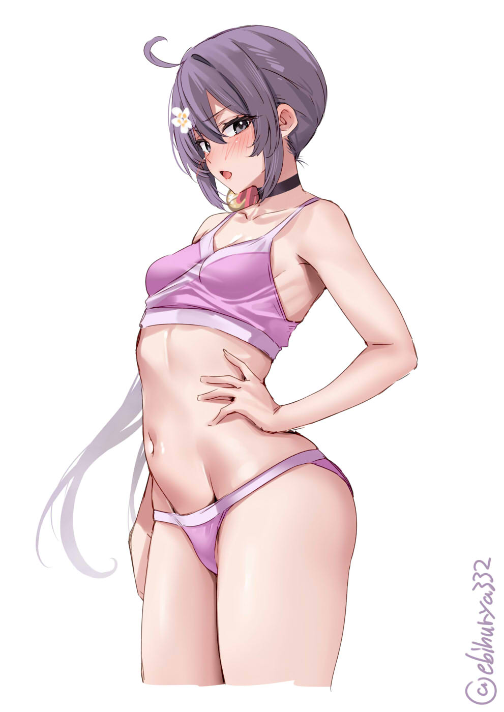 1girl ahoge akebono_(kancolle) bell bikini blush breasts commentary cowboy_shot ebifurya flower hair_bell hair_flower hair_ornament hand_on_own_hip highres jingle_bell kantai_collection long_hair navel open_mouth pink_bikini purple_eyes purple_hair red_flower side_ponytail small_breasts solo stomach swimsuit twitter_username very_long_hair white_background white_flower