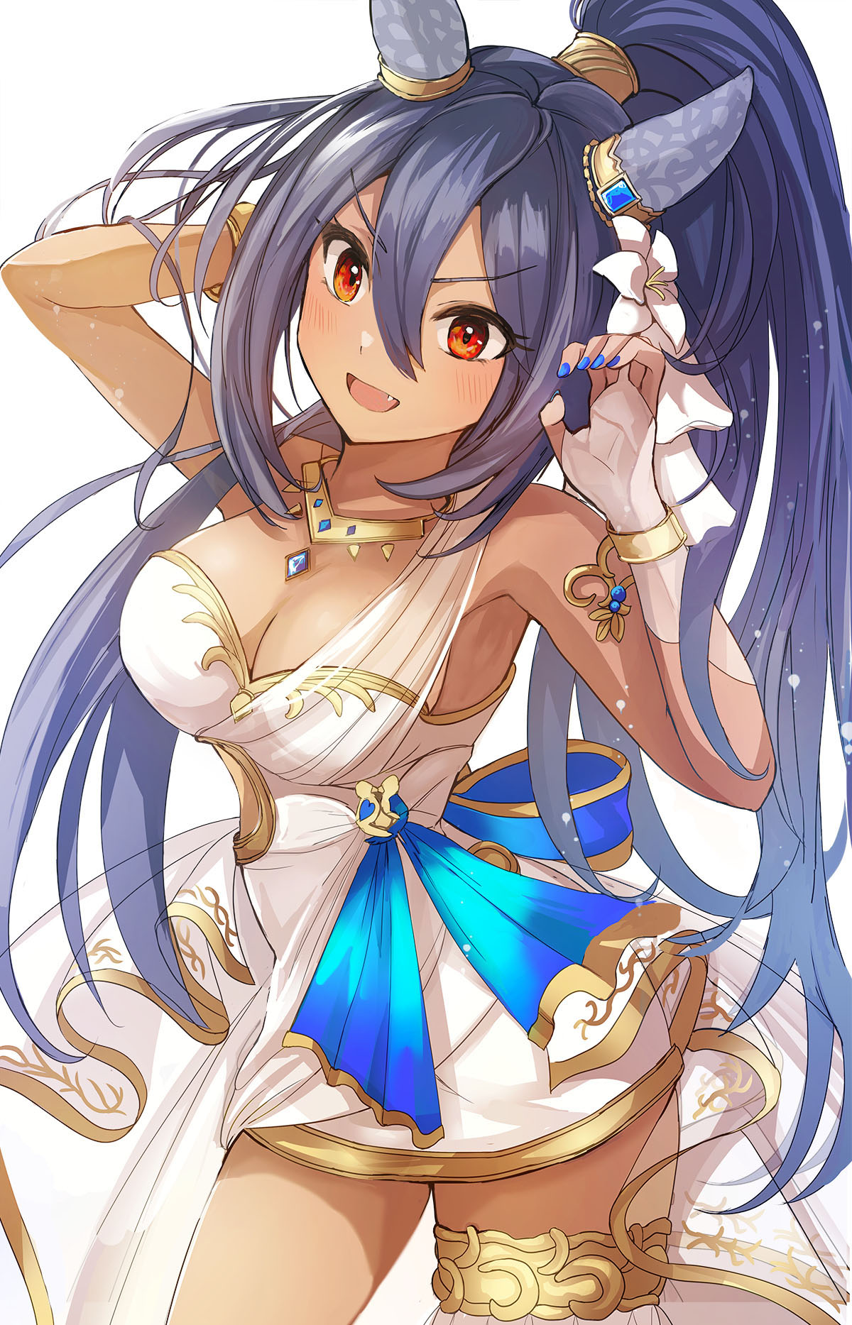 1girl animal_ears arm_up armpits bare_shoulders black_hair blue_nails blush breasts cherry_blossoms cleavage commentary_request dark-skinned_female dark_skin dress ear_covers fang gem gold_bracelet gold_necklace hair_between_eyes hanamura_pink highres hishi_amazon_(hungry_veil)_(umamusume) hishi_amazon_(umamusume) horse_ears horse_girl jewelry long_hair medium_breasts necklace nontraditional_wedding_dress official_alternate_costume ponytail red_eyes simple_background smile solo umamusume upper_body very_long_hair wedding_dress white_background white_dress