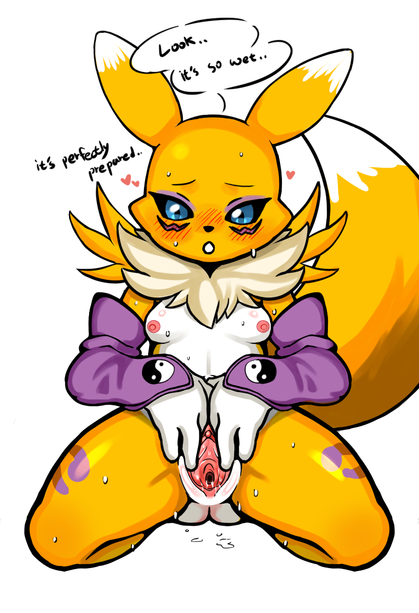 anthro areola bandai_namco biped blush breasts clitoris countershade_torso countershading digimon digimon_(species) dipstick_ears dipstick_tail english_text eyebrows female fingers genitals hi_res lfer markings multicolored_ears nipples pussy renamon small_breasts solo spread_pussy spreading tail tail_markings text