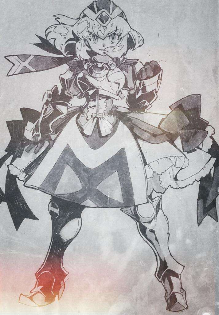1girl alexia_lynn_elesius armor armored_dress breastplate dress fujimoto_hideaki gauntlets gloves greyscale hat looking_at_viewer monochrome short_hair simple_background smile solo white_background wild_arms wild_arms_xf
