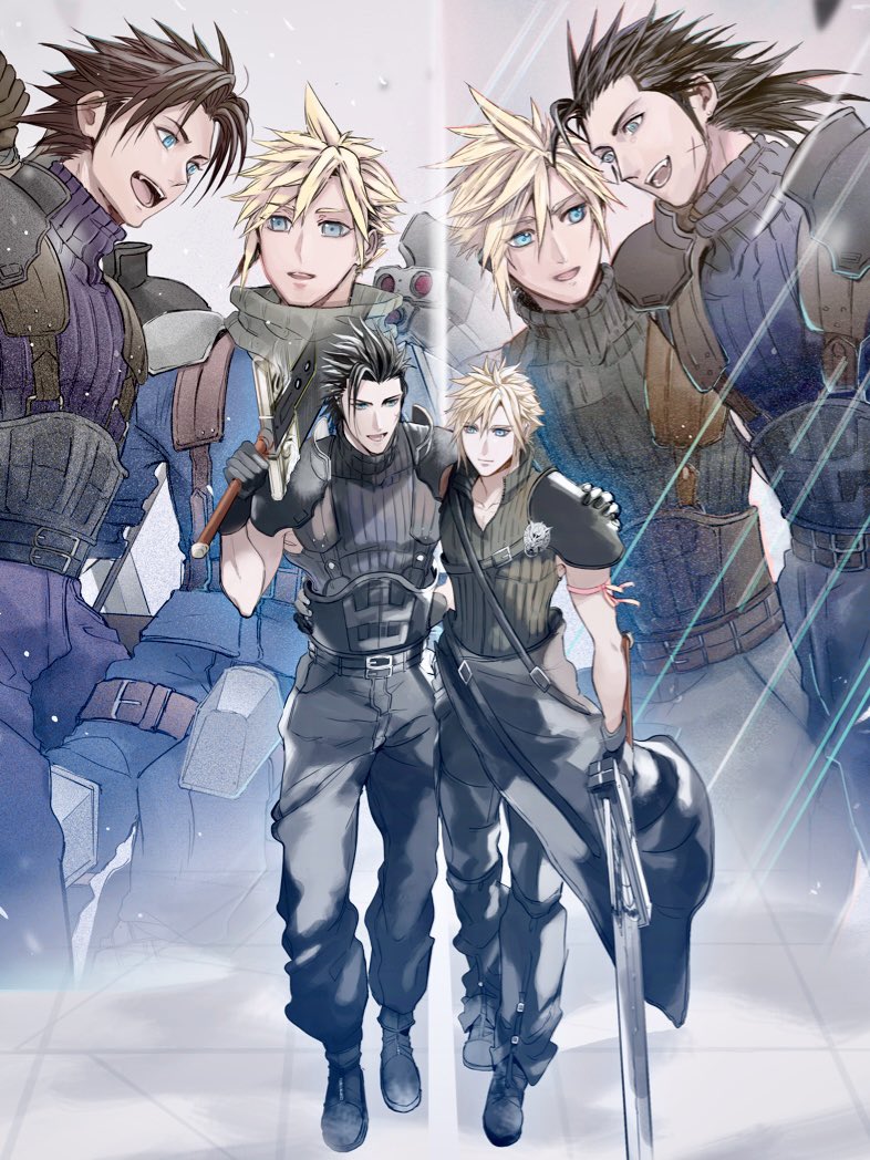 2b_fff 2boys apron arm_ribbon armor baggy_pants belt black_apron black_hair blonde_hair blue_jacket buster_sword cloud_strife crisis_core_final_fantasy_vii final_fantasy final_fantasy_vii final_fantasy_vii_advent_children final_fantasy_vii_remake full_body fusion_swords hand_on_another's_shoulder hand_on_another's_waist helmet huge_weapon jacket looking_at_another multiple_belts multiple_boys multiple_views open_mouth over_shoulder pants popped_collar red_ribbon ribbed_sweater ribbon scar scar_on_cheek scar_on_face shinra_infantry shinra_infantry_uniform short_hair shoulder_armor sleeveless sleeveless_turtleneck spiked_hair standing suspenders sweater turtleneck turtleneck_sweater unworn_headwear unworn_helmet waist_apron weapon zack_fair