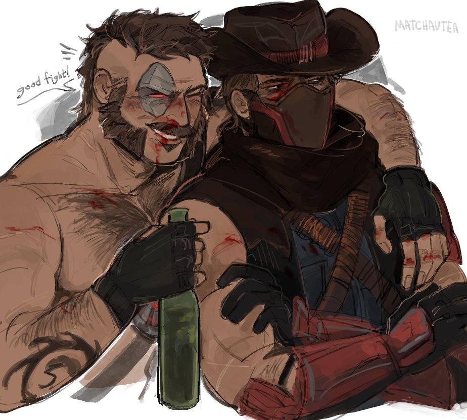 2boys arm_around_shoulder bara blood blood_on_face bottle cropped_torso crossed_arms dark-skinned_male dark_skin erron_black eye_mask hairy half_mask holding holding_bottle kano_(mortal_kombat) large_pectorals male_focus mask mature_male mortal_kombat_(series) mortal_kombat_x mouth_mask multiple_boys muscular muscular_male mutton_chops pectorals short_hair smile thick_chest_hair thick_eyebrows thick_mustache ven_(matchavtea)