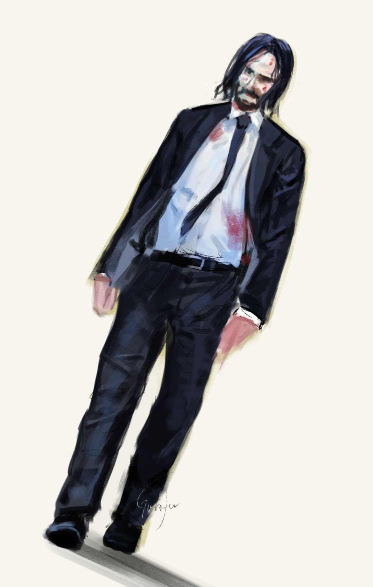 1boy black_footwear black_hair black_jacket black_necktie black_pants blood blood_on_clothes blood_on_face brown_background collared_shirt commentary dutch_angle gurifu jacket john_wick john_wick_(character) long_sleeves male_focus necktie open_clothes open_jacket pants shadow shirt shoes signature solo walking white_shirt