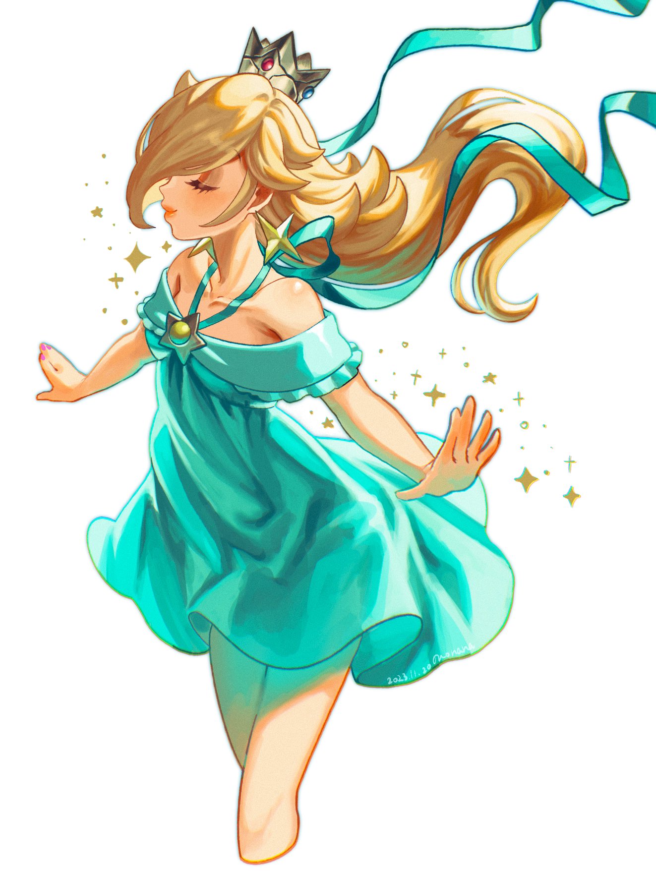 1girl aqua_dress aqua_ribbon artist_name bare_shoulders blonde_hair blush brooch closed_eyes closed_mouth collarbone commentary cropped_legs crown dated dress earrings english_commentary eyelashes floating hair_over_one_eye highres jewelry lips long_hair mario_(series) mini_crown nonana_(galaxycat89p13) off-shoulder_dress off_shoulder one_eye_covered outstretched_arms parted_bangs ribbon rosalina short_dress sidelocks signature simple_background smile solo sparkle spread_arms star_(symbol) star_brooch star_earrings swept_bangs white_background wind