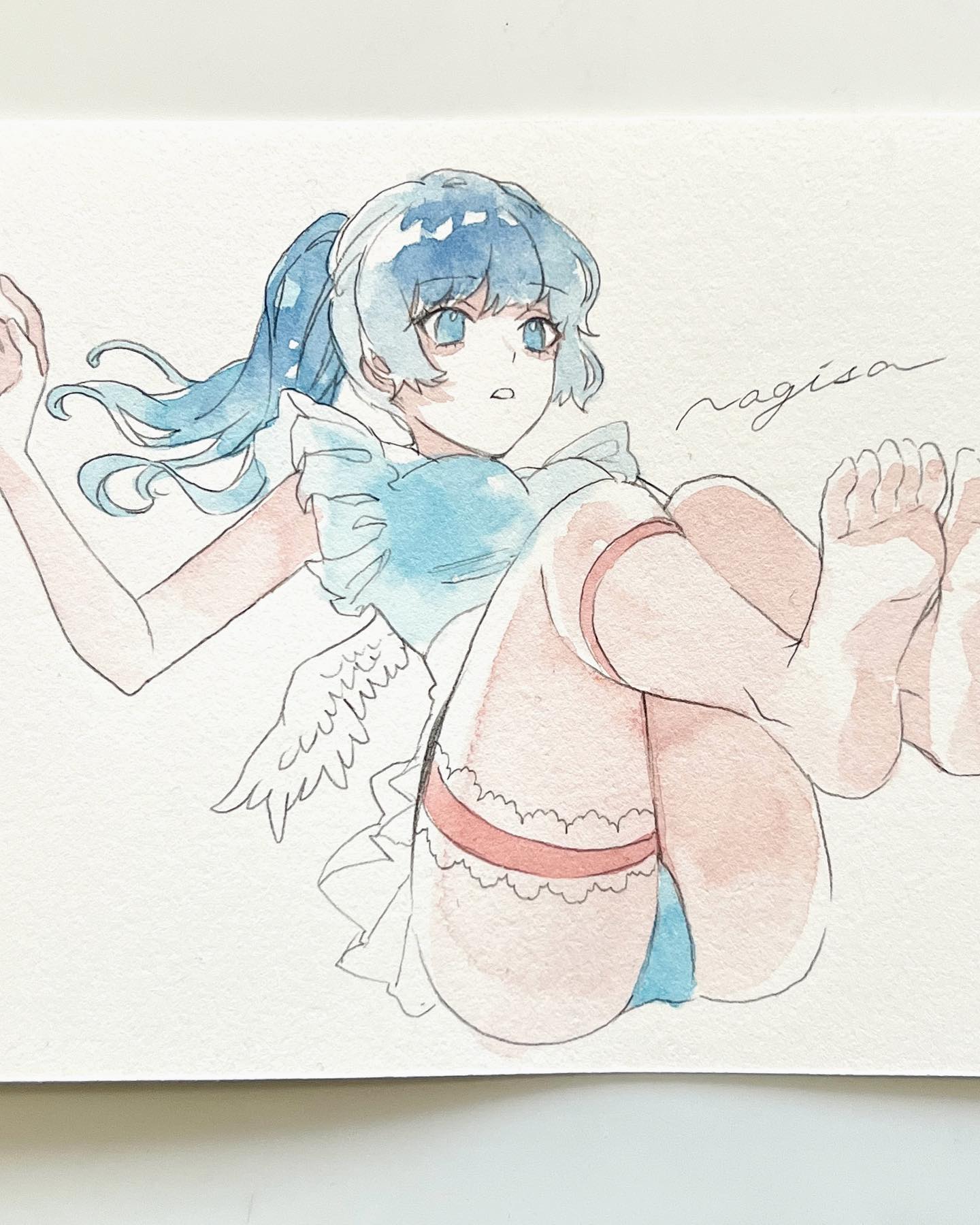 1girl angel_wings artist_name bare_legs barefoot blue_eyes blue_hair blue_leotard blue_shirt breasts bridal_garter crop_top feathered_wings feet feet_up foot_out_of_frame frills hand_up highres legs leotard long_hair looking_at_viewer non-web_source original painting_(medium) parted_lips photo_(medium) ponytail shirt signature simple_background soles solo srnmomo swimsuit thigh_strap thighs toes traditional_media watercolor_(medium) white_background white_wings wings