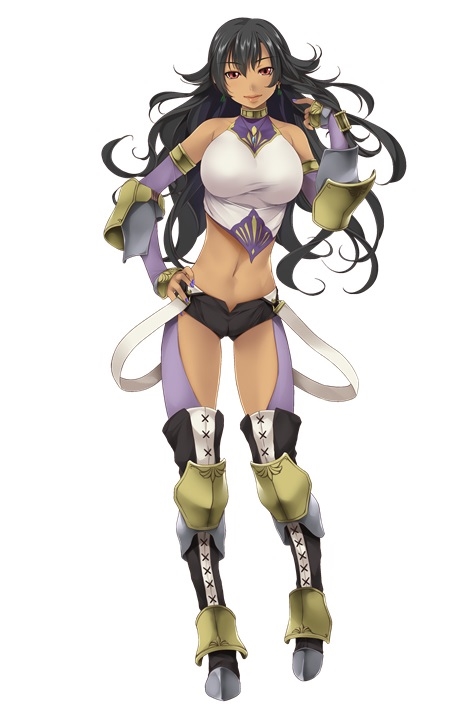 1girl atelier-moo bare_shoulders black_hair breasts closed_mouth dark-skinned_female dark_skin detached_sleeves full_body hair_between_eyes large_breasts long_hair malicia navel red_eyes short_shorts shorts solo standing thighs wavy_hair wizards_symphony