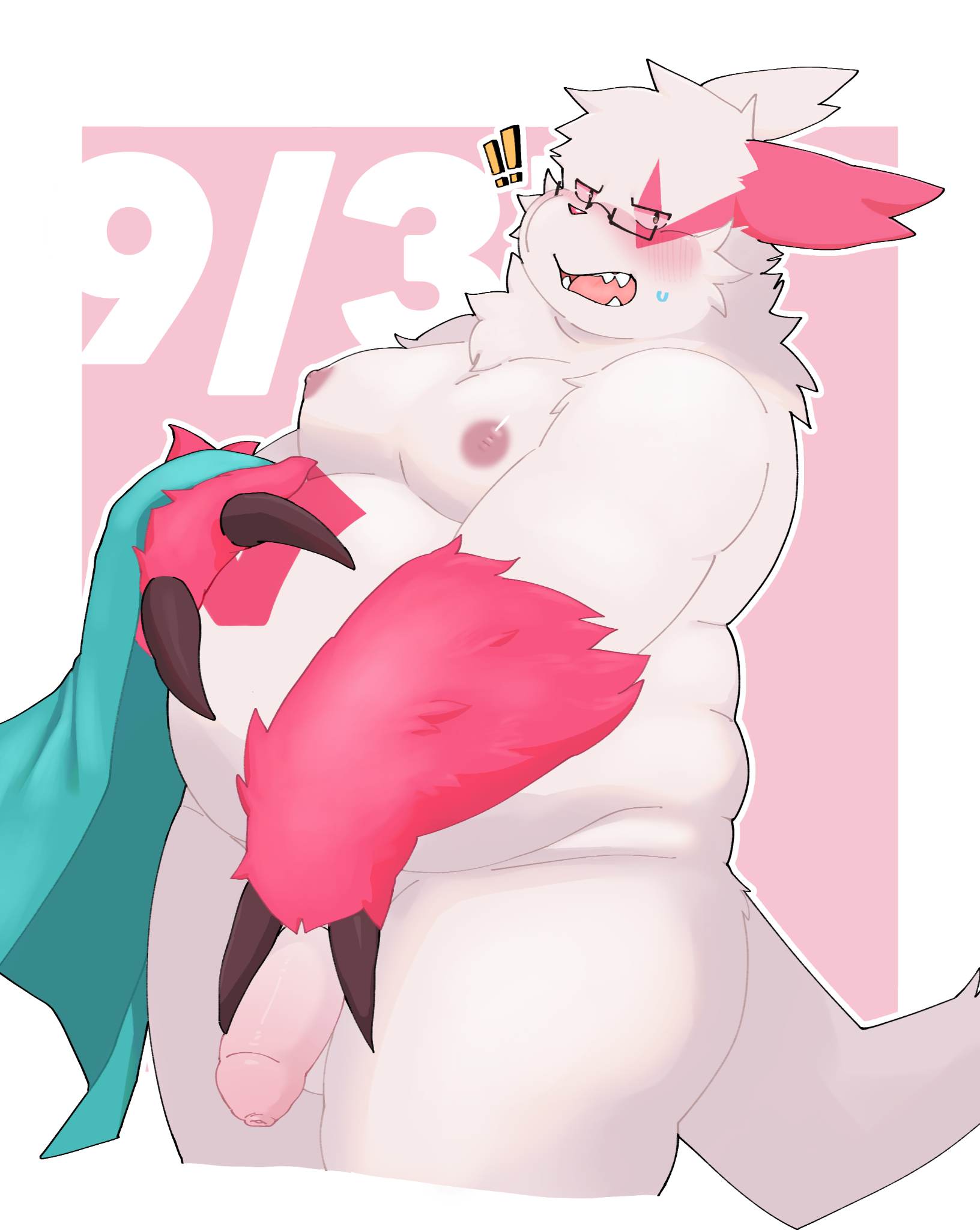2024 anthro balls belly big_belly blush dragon_night800 exclamation_point eyewear generation_3_pokemon genitals glasses hi_res kemono male moobs nintendo nipples overweight overweight_male penis pokemon pokemon_(species) red_body simple_background solo surprise white_body zangoose