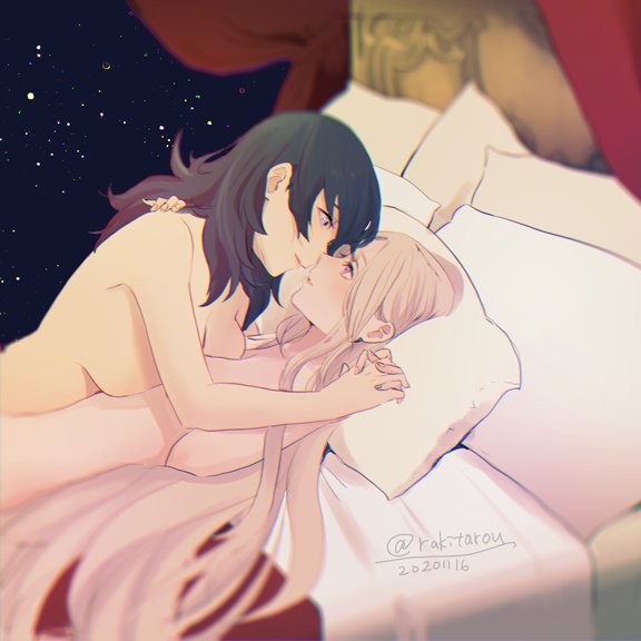 2girls asymmetrical_docking bed black_hair breast_press breasts byleth_(female)_(fire_emblem) byleth_(fire_emblem) canopy_bed commentary_request curtains dated edelgard_von_hresvelg eye_contact fire_emblem fire_emblem:_three_houses girl_on_top hand_on_another's_shoulder holding_hands imminent_kiss indoors interlocked_fingers large_breasts long_hair looking_at_another multiple_girls night noses_touching nude on_bed parted_lips pillow purple_eyes romaji_commentary sky small_breasts star_(sky) starry_sky twitter_username upper_body white_hair yukiyanagi_raki yuri