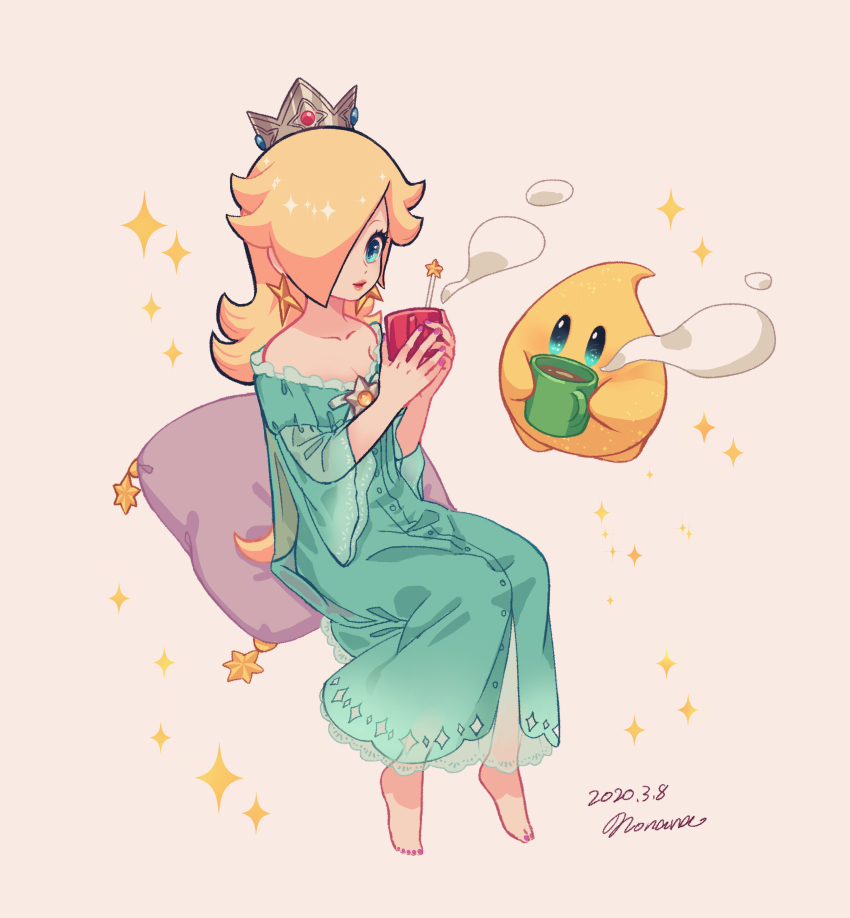 1girl aqua_eyes aqua_nightgown artist_name bare_shoulders barefoot blonde_hair brooch closed_mouth coffee coffee_mug collarbone commentary crown cup dated earrings eyelashes feet frills hair_over_one_eye hands_up holding holding_cup jewelry long_hair long_sleeves looking_at_viewer luma_(mario) mario_(series) mini_crown mug nightgown nonana_(galaxycat89p13) one_eye_covered parted_bangs pillow rosalina sidelocks signature simple_background sitting smile solo sparkle star_(symbol) star_brooch star_earrings steam swept_bangs symbol-only_commentary wide_sleeves yellow_background