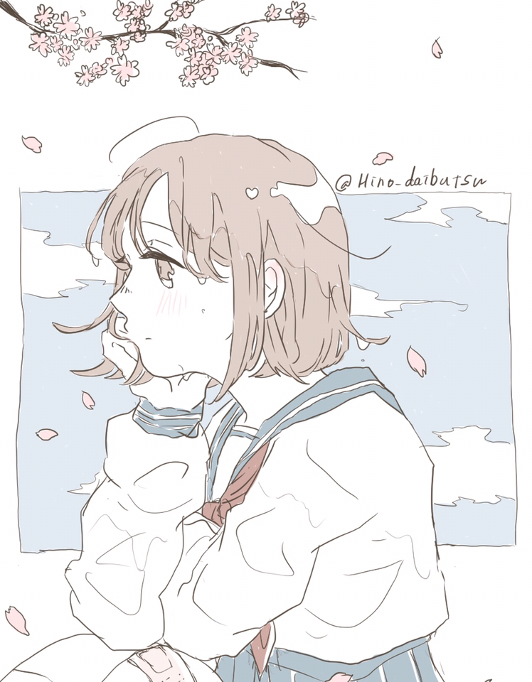 1girl ahoge bandaid blue_sailor_collar blue_skirt blue_sky blush branch brown_eyes brown_hair cherry_blossoms closed_mouth cloud colored_skin expressionless falling_petals flower from_side hand_on_own_cheek hand_on_own_face hand_up head_rest long_sleeves nagata_(hino_daibutsu) neckerchief original pale_color petals pink_flower pleated_skirt profile red_neckerchief sailor_collar school_uniform serafuku shirt short_hair skirt sky solo spring_(season) tareme twitter_username upper_body white_background white_shirt white_skin