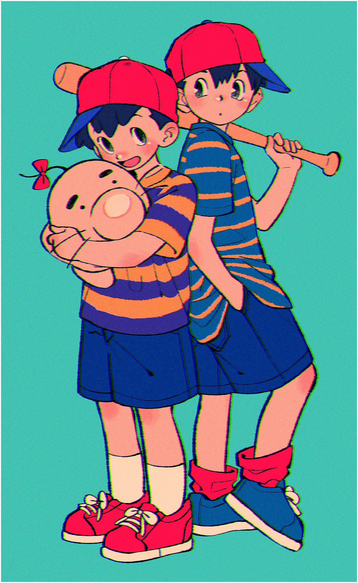2boys baseball_bat baseball_cap black_hair blue_footwear blue_shorts blush doseisan full_body hand_in_pocket hat highres holding kwsby_124 male_focus mother_(game) mother_1 mother_2 multiple_boys ness_(mother_2) ninten open_mouth red_footwear red_headwear red_socks shirt shoes short_sleeves shorts sideways_hat simple_background sneakers socks standing striped_clothes striped_shirt two-tone_background white_socks
