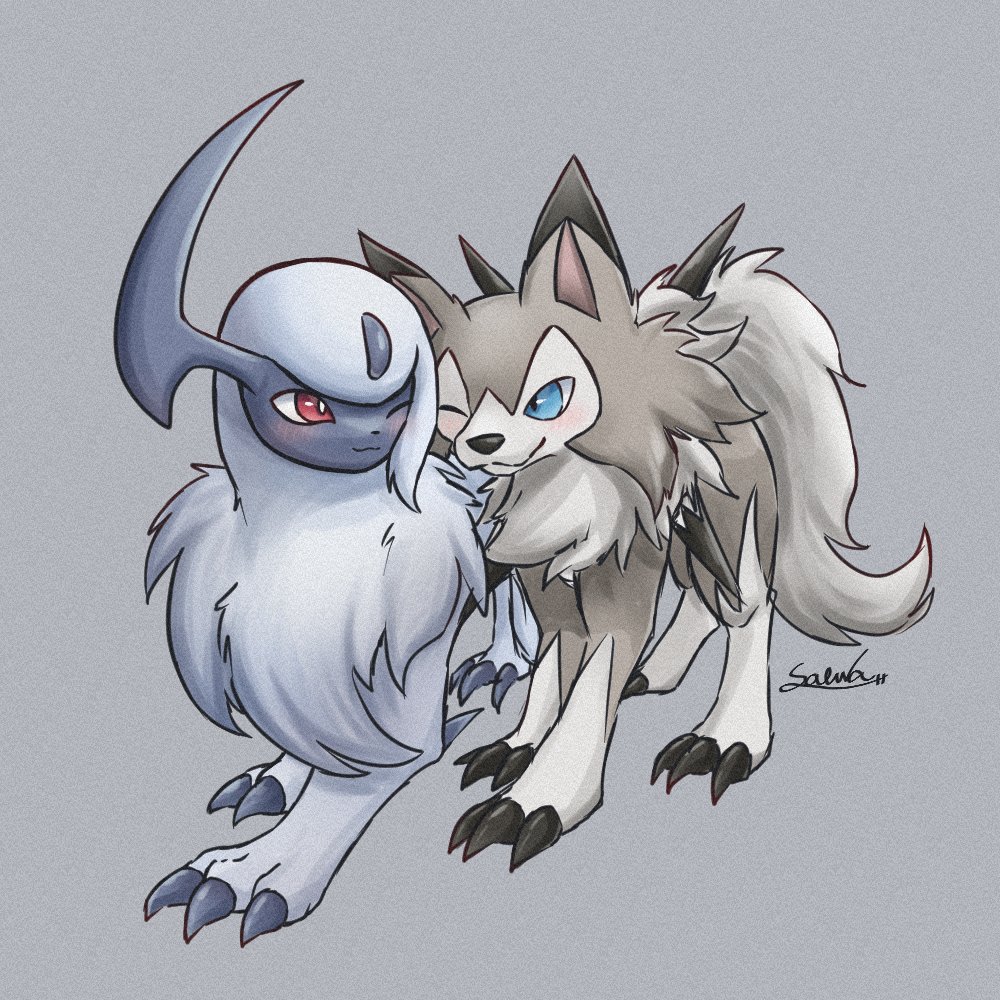 absol animal_focus blue_eyes claws commentary forehead_jewel grey_background grey_fur horns lycanroc lycanroc_(midday) no_humans one_eye_closed pokemon pokemon_(creature) red_eyes simple_background single_horn soruva_359 symbol-only_commentary tail white_fur wolf