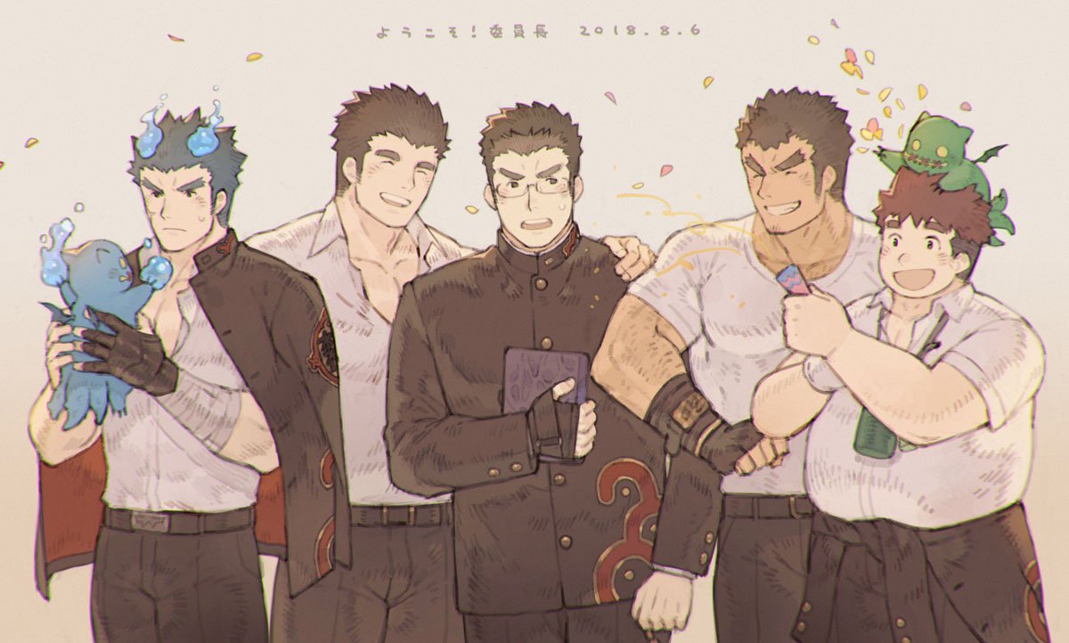 5boys :d arm_hair bandaged_arm bandages bara belly black_pants blue_fire blush book bulge chataro1412 chest_hair confetti creature devil_(housamo) facial_hair fat fat_man fiery_hair fire forked_eyebrows gakuran goatee grin hand_on_another's_shoulder holding holding_book jacket jacket_on_shoulders kengo_(housamo) large_pectorals male_focus master_3_(housamo) mature_male multiple_boys muscular muscular_male open_mouth pants partially_unbuttoned pectoral_cleavage pectorals ryota_(housamo) school_uniform shiro_(housamo) shirt short_hair sideburns smile stubble thick_eyebrows tight tight_shirt toji_(housamo) tokyo_afterschool_summoners translation_request white_shirt