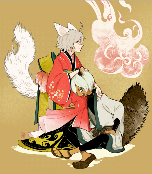 2boys animal_ears black_pants blue_eyes brown_background character_request closed_mouth dark-skinned_male dark_skin fox_ears fox_tail frown green_eyes grey_hair inazuma_eleven_(series) inazuma_eleven_go indian_style japanese_clothes kimono l_hakase looking_at_viewer male_focus multiple_boys open_mouth pants profile raccoon_tail red_kimono sandals sash short_hair sitting smile smoke tail tail_raised white_hair white_kimono white_tail wolf_ears wolf_tail