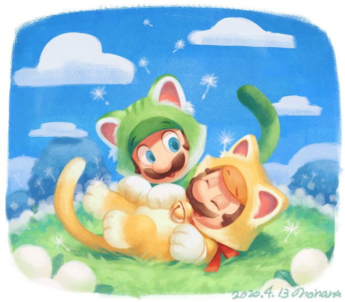 2boys :d ^_^ animal_costume animal_ears aqua_eyes bell blue_sky border brothers brown_hair cat_costume cat_ears cat_luigi cat_mario cat_tail closed_eyes cloud commentary_request dandelion_seed day facial_hair flower grass hill jingle_bell looking_at_another luigi lying male_focus mario mario_(series) multiple_boys mustache neck_bell nonana_(galaxycat89p13) on_back open_mouth outdoors red_ribbon ribbon short_hair siblings sky smile super_mario_3d_world tail white_border white_flower