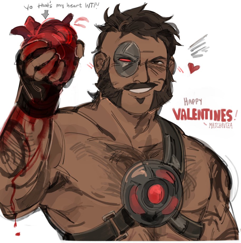 bara bare_pectorals dark-skinned_male dark_skin english_text eye_mask grin hairy half_mask happy_valentine heart heart_(organ) kano_(mortal_kombat) large_pectorals looking_at_viewer male_focus mask mature_male mortal_kombat_(series) mortal_kombat_x muscular muscular_male mutton_chops pectorals short_hair smile thick_chest_hair thick_eyebrows thick_mustache upper_body ven_(matchavtea)