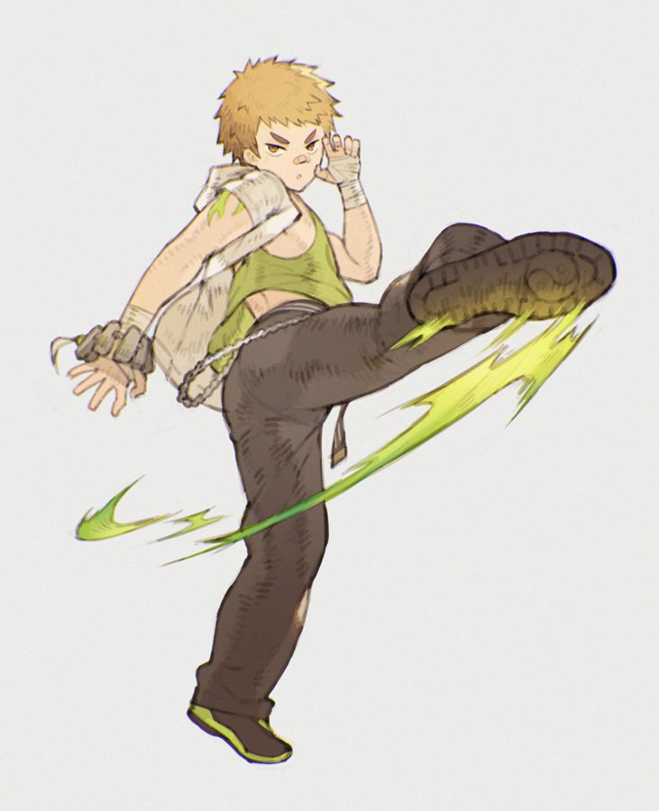 1boy ass bandaid bandaid_on_nose black_pants blonde_hair chataro1412 child foreshortening full_body green_tank_top incoming_attack kicking male_focus ooki_ikutoshi pants shoes short_hair solo tank_top tokyo_afterschool_summoners