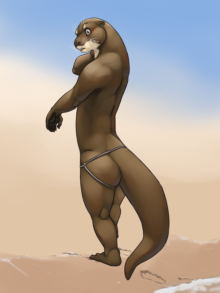 after_transformation anthro beach blush brown_body brown_fur butt clothed clothing eclipticafusion footprint fur girly hand_on_neck hi_res jockstrap jockstrap_only male mammal muscle_loss mustelid otter pawpads sand sea shy solo topless underwear underwear_only walking water whiskers