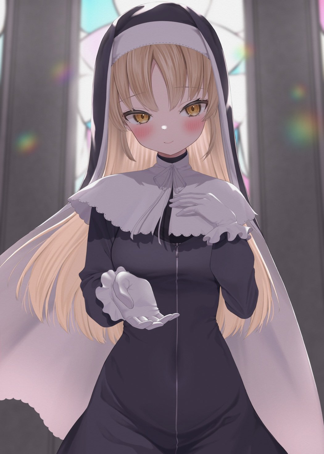 1girl beckoning black_dress blush brown_eyes capelet chimomo church closed_mouth dress full-length_zipper gloves habit hand_on_own_chest high_collar highres indoors light_brown_hair long_dress long_hair long_sleeves looking_at_viewer nijisanji nun parted_bangs reaching reaching_towards_viewer sister_claire sister_claire_(1st_costume) smile solo stained_glass straight_hair tight_clothes traditional_nun upper_body virtual_youtuber white_capelet white_gloves zipper zipper_dress