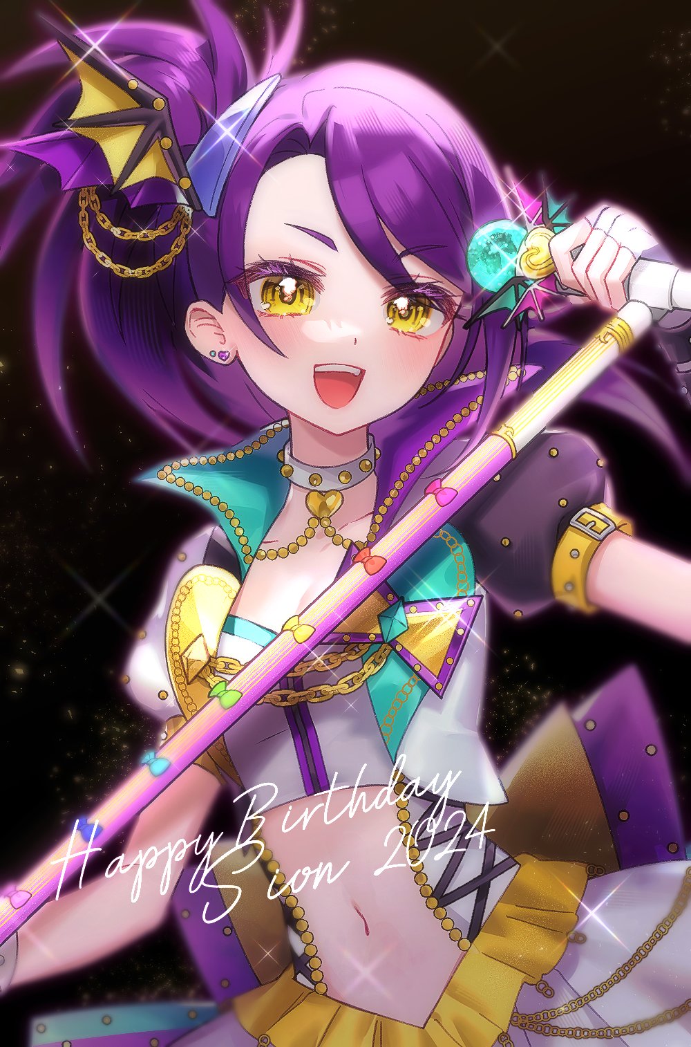 1girl :d black_background bow chain character_name choker cowboy_shot crop_top cropped_jacket earrings fingerless_gloves gloves happy_birthday highres holding holding_microphone idol jacket jewelry jjuu0105 long_hair looking_at_viewer microphone microphone_stand multicolored_clothes multicolored_jacket music navel open_clothes open_jacket open_mouth pretty_series pripara purple_hair side_ponytail singing skirt smile solo standing toudou_shion white_choker white_gloves white_skirt wing_hair_ornament yellow_eyes