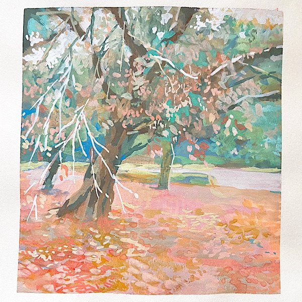 autumn autumn_leaves bare_tree day mimoth no_humans original painting_(medium) park scenery sunlight traditional_media tree