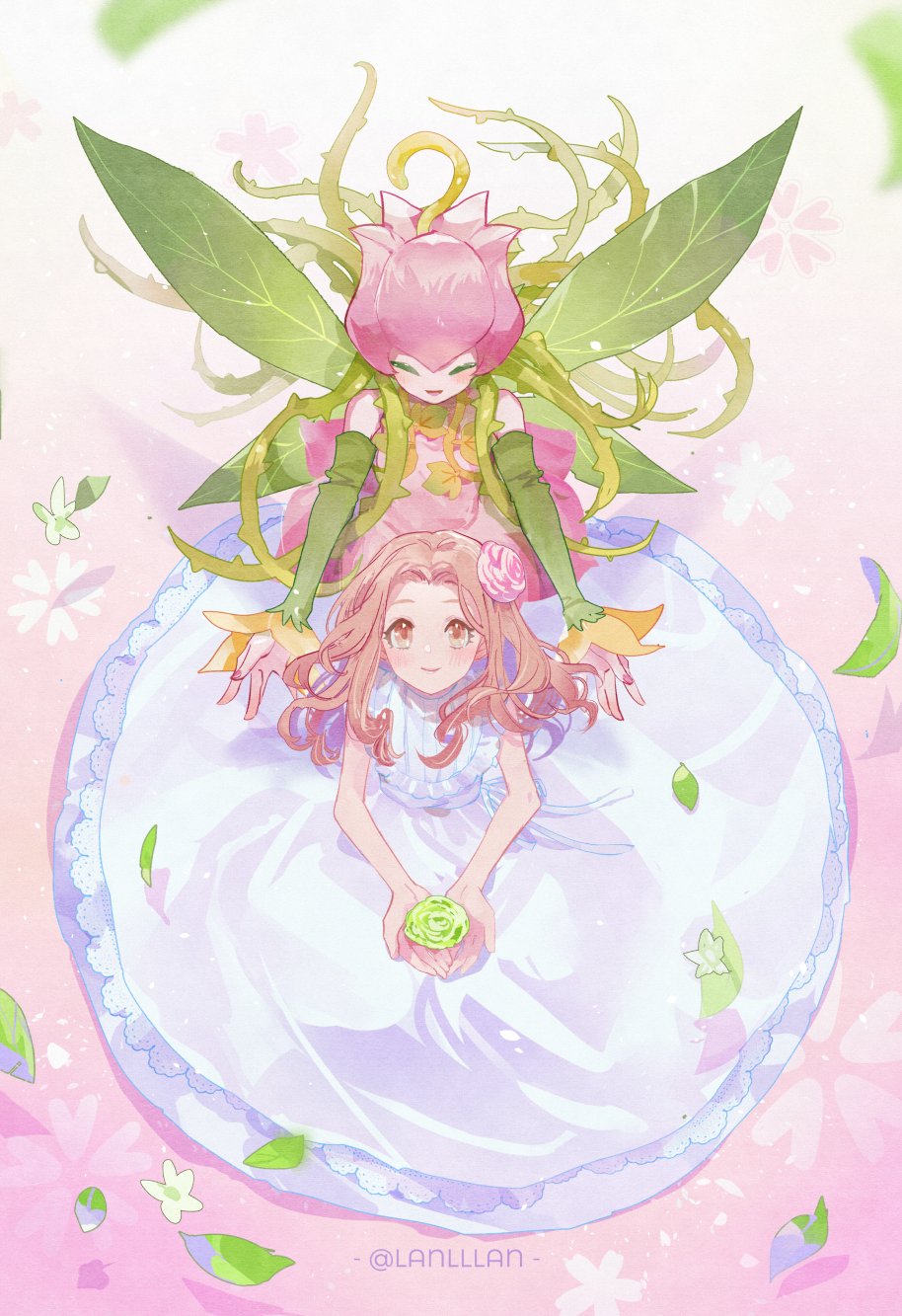 2girls brown_eyes brown_hair closed_eyes closed_mouth detached_sleeves digimon digimon_(creature) digimon_adventure dress fairy fairy_wings flower flower_on_head from_above green_hair green_sleeves hair_flower hair_ornament highres holding holding_flower lanlllan lilimon looking_at_viewer looking_up multiple_girls parted_lips pink_dress plant_hair sleeveless sleeveless_dress tachikawa_mimi thorns twitter_username white_dress wings
