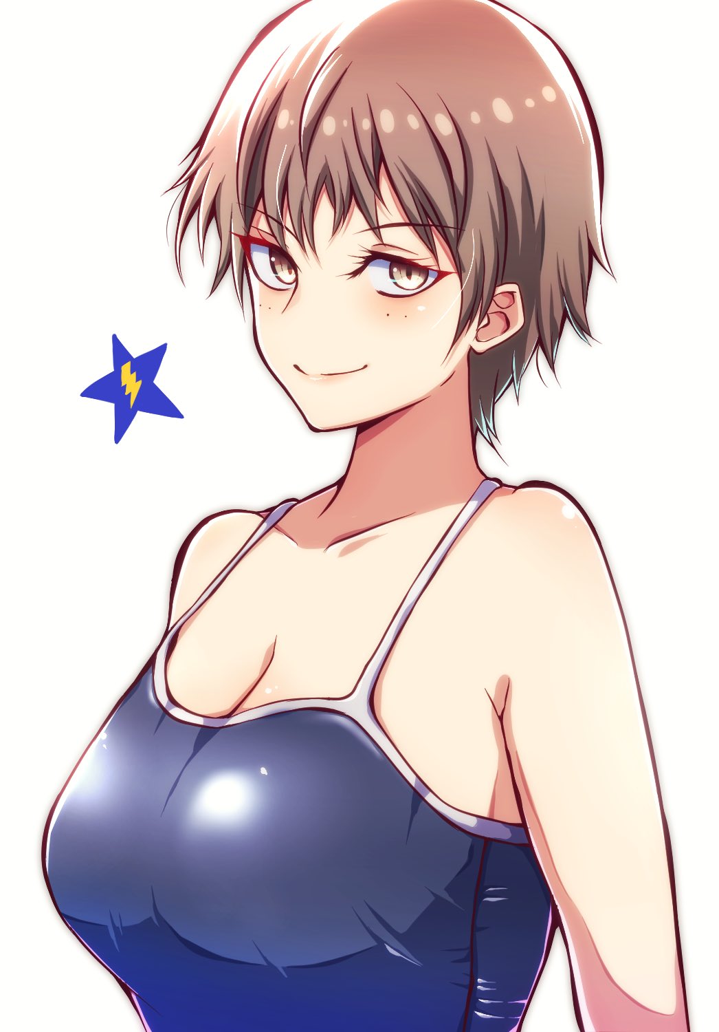 1girl blue_one-piece_swimsuit blush breasts brown_eyes brown_hair cat_earthen_pot cleavage closed_mouth collarbone emblem freckles girls_und_panzer highres large_breasts looking_at_viewer naomi_(girls_und_panzer) one-piece_swimsuit saunders_(emblem) school_swimsuit short_hair simple_background smile solo swimsuit upper_body white_background