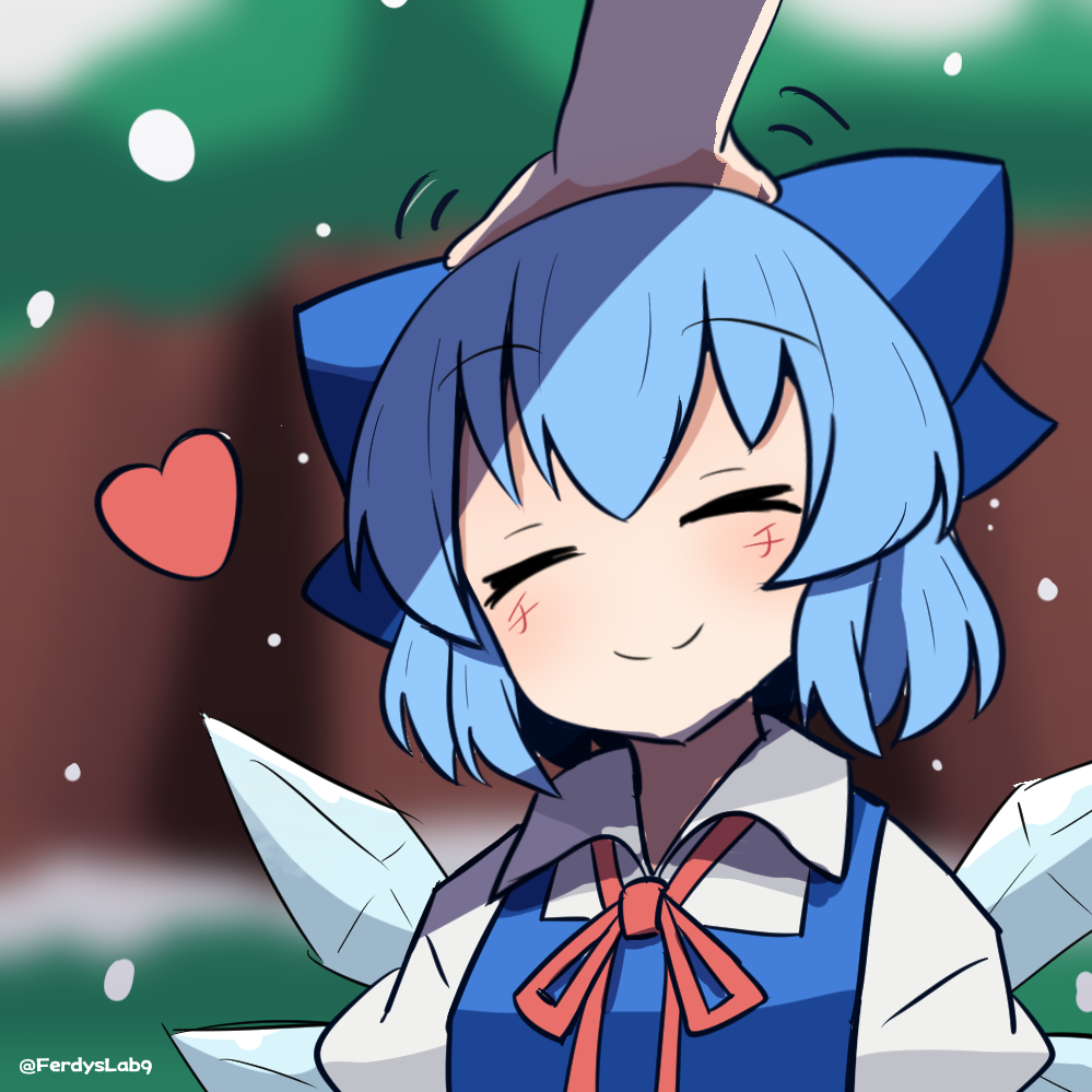 1girl 1other blue_bow blue_hair blurry blurry_background bow cirno closed_eyes closed_mouth commentary facing_viewer ferdy's_lab hair_bow ice ice_wings outdoors short_hair smile solo solo_focus touhou twitter_username upper_body wings