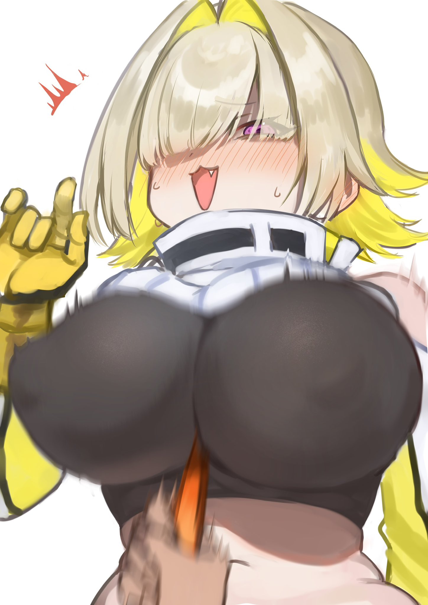 1girl arm_behind_back between_breasts blonde_hair breasts covered_nipples elegg_(nikke) eyes_visible_through_hair fang gloves goddess_of_victory:_nikke hair_intakes hair_over_eyes highres kanehira151 large_breasts long_bangs long_sleeves looking_at_viewer motion_blur multicolored_hair navel open_mouth pink_eyes simple_background solo_focus suspenders sweat two-tone_hair upper_body white_background