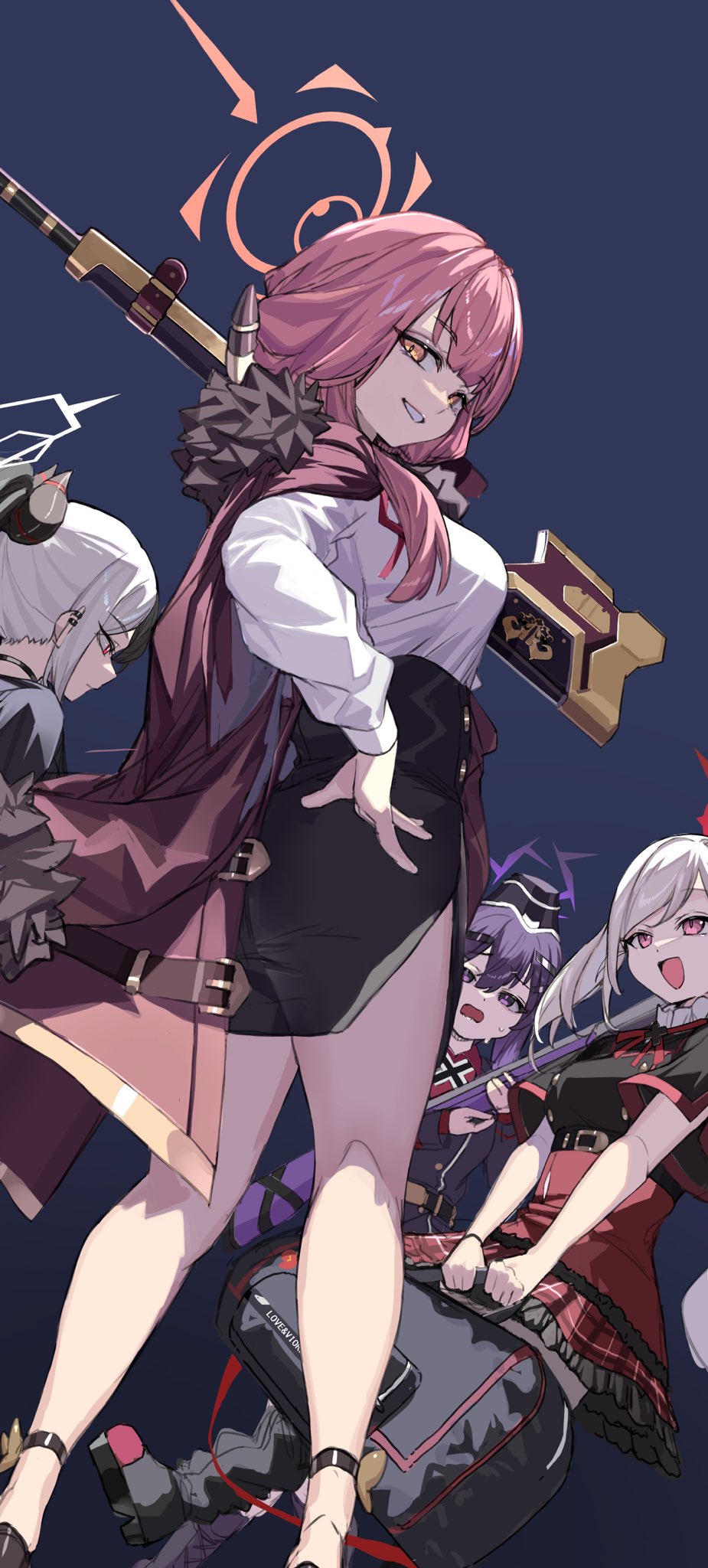 4girls aru_(blue_archive) black_choker black_hair black_horns black_skirt blue_archive blush breasts choker closed_mouth coat demon_horns fur_trim garrison_cap grey_hair gun hair_between_eyes hair_ornament hairclip halo haruka_(blue_archive) hat highres horns kayoko_(blue_archive) large_breasts long_hair long_sleeves looking_at_viewer multicolored_hair multiple_girls mutsuki_(blue_archive) open_mouth pink_hair problem_solver_68_(blue_archive) purple_eyes purple_hair ranf red_eyes rifle shirt simple_background skirt smile solo two-tone_hair weapon weapon_request white_hair white_shirt yellow_eyes